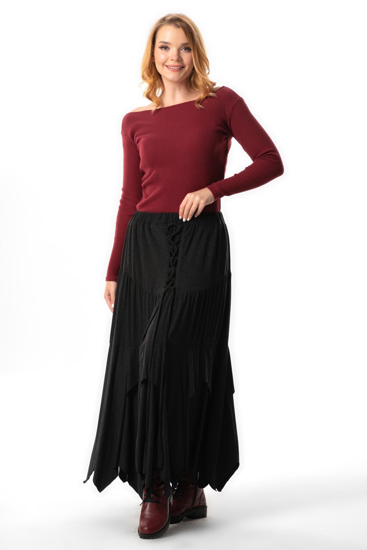 Karsu Asymmetric Cut Long Combed Viscose Skirt Elastic Waist Gray