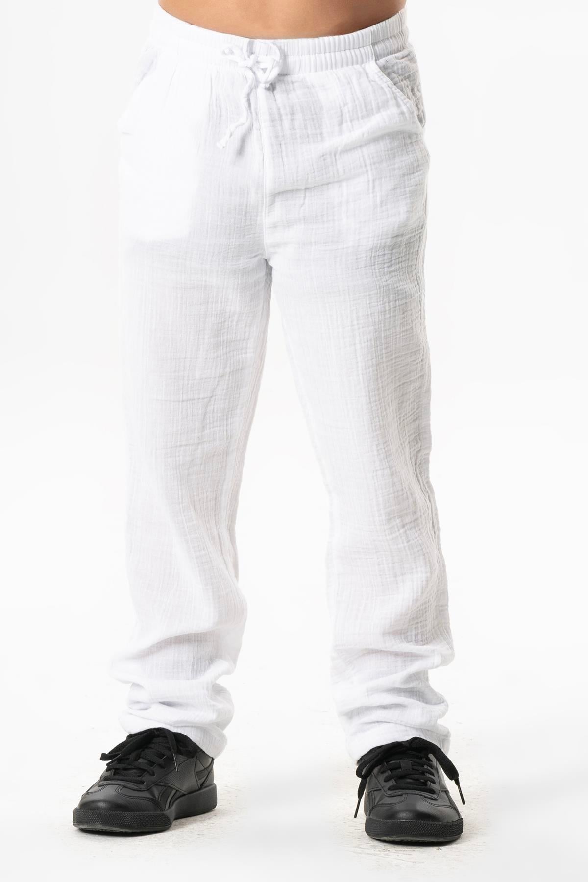 Elastic Waist Muslin Pockets Summer Kids Pants White