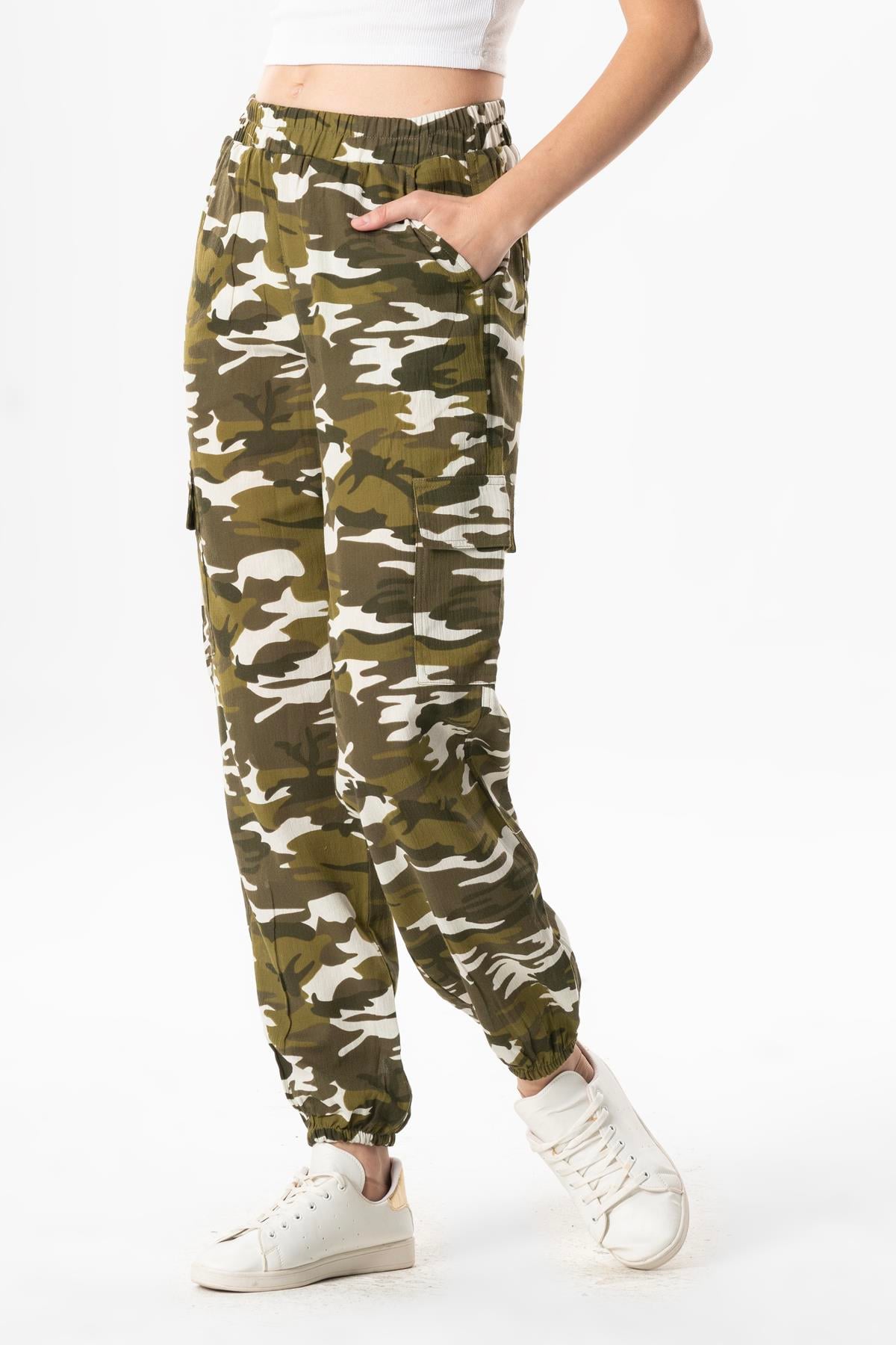 Elastic Waist Seda Sile Fabric Summer Cargo Pockets Pants Green
