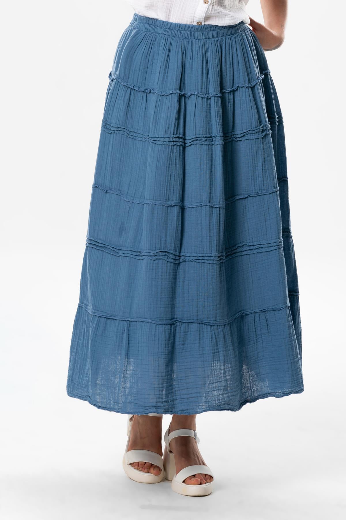 Benan Elastic Waist Long Summer Muslin Skirt Indigo