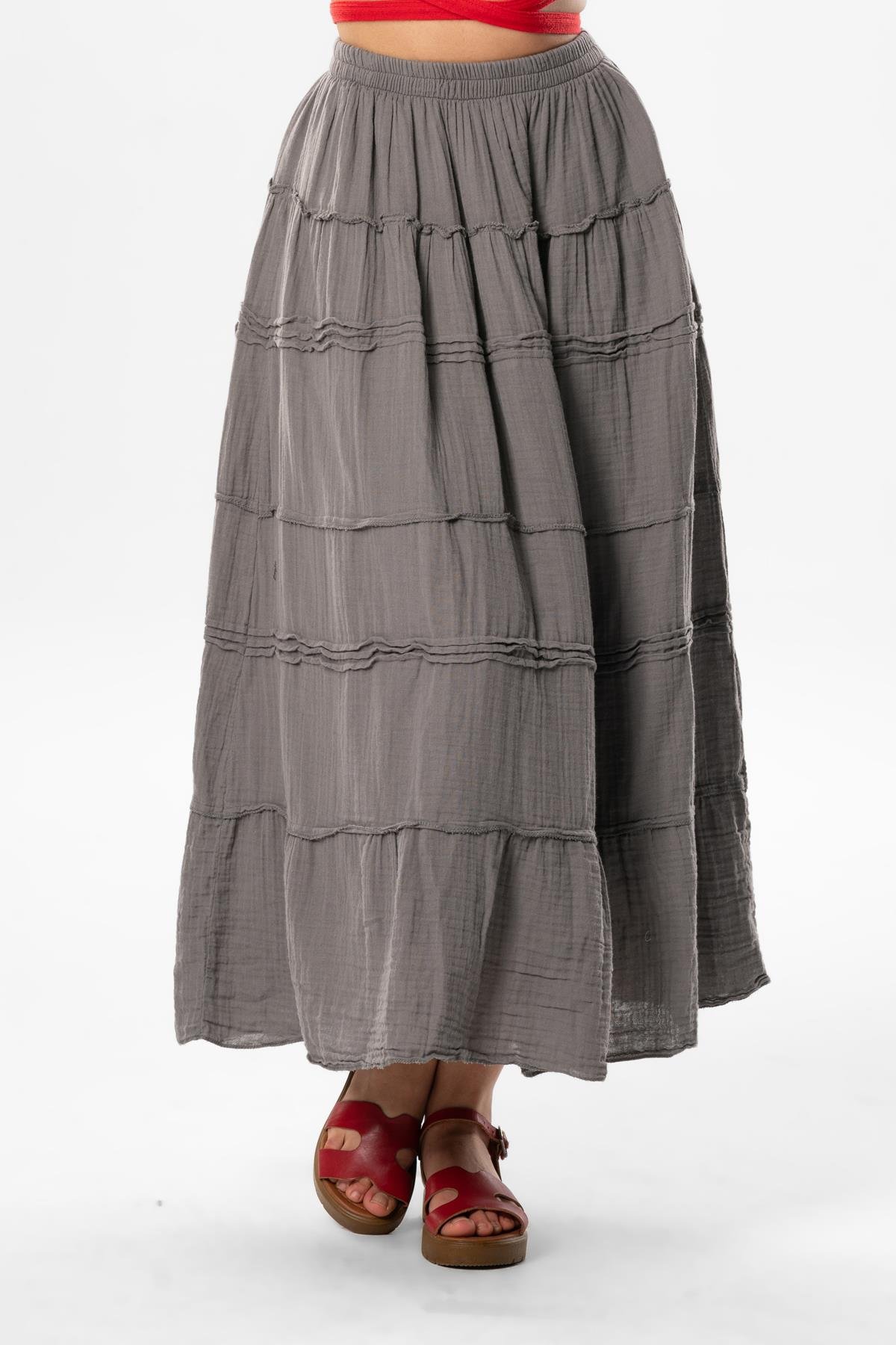 Benan Beli Lastikli Uzun Yazlık Müslin Etek Gri Gri