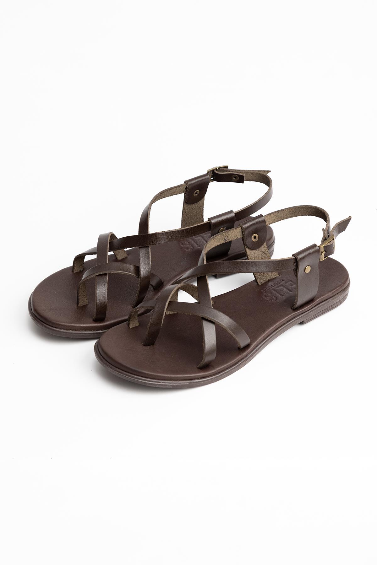 Bodrum Çapraz Bant Detaylı Hakiki Deri Kadın Sandalet 4817 Kahve Khv