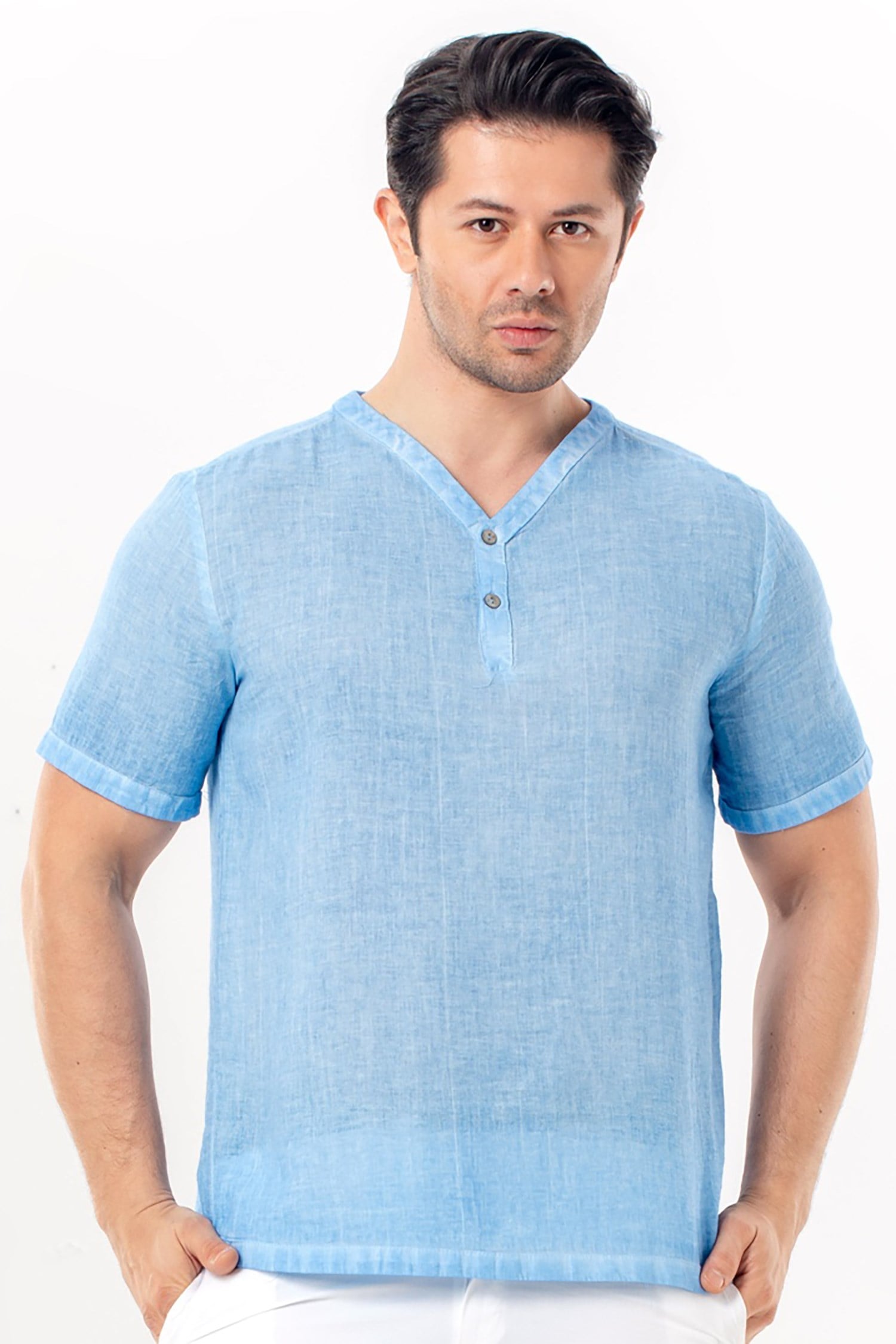 Bora Düğmeli V Yaka Kısa Kol Poplin Erkek Tişört | Yazlık Erkek Tshirt Açık Mavi Amv