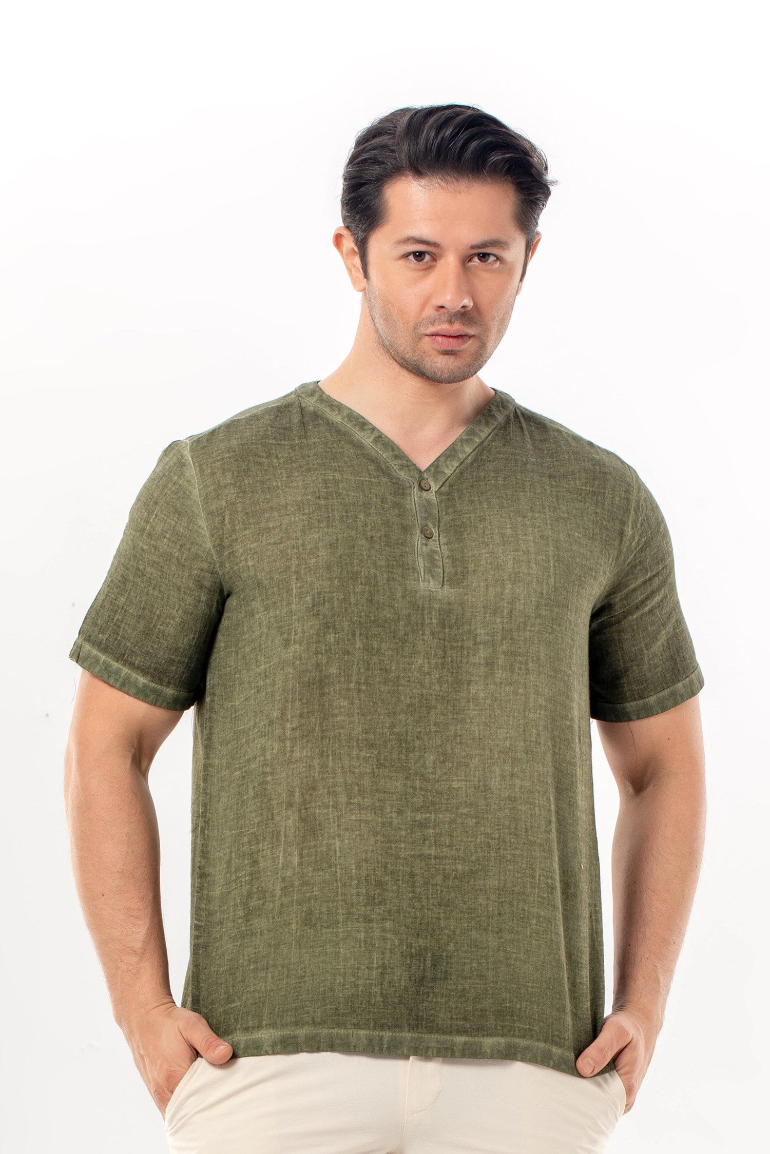 Bora Düğmeli V Yaka Kısa Kol Poplin Erkek Tişört | Yazlık Erkek Tshirt Açık Haki Ahk