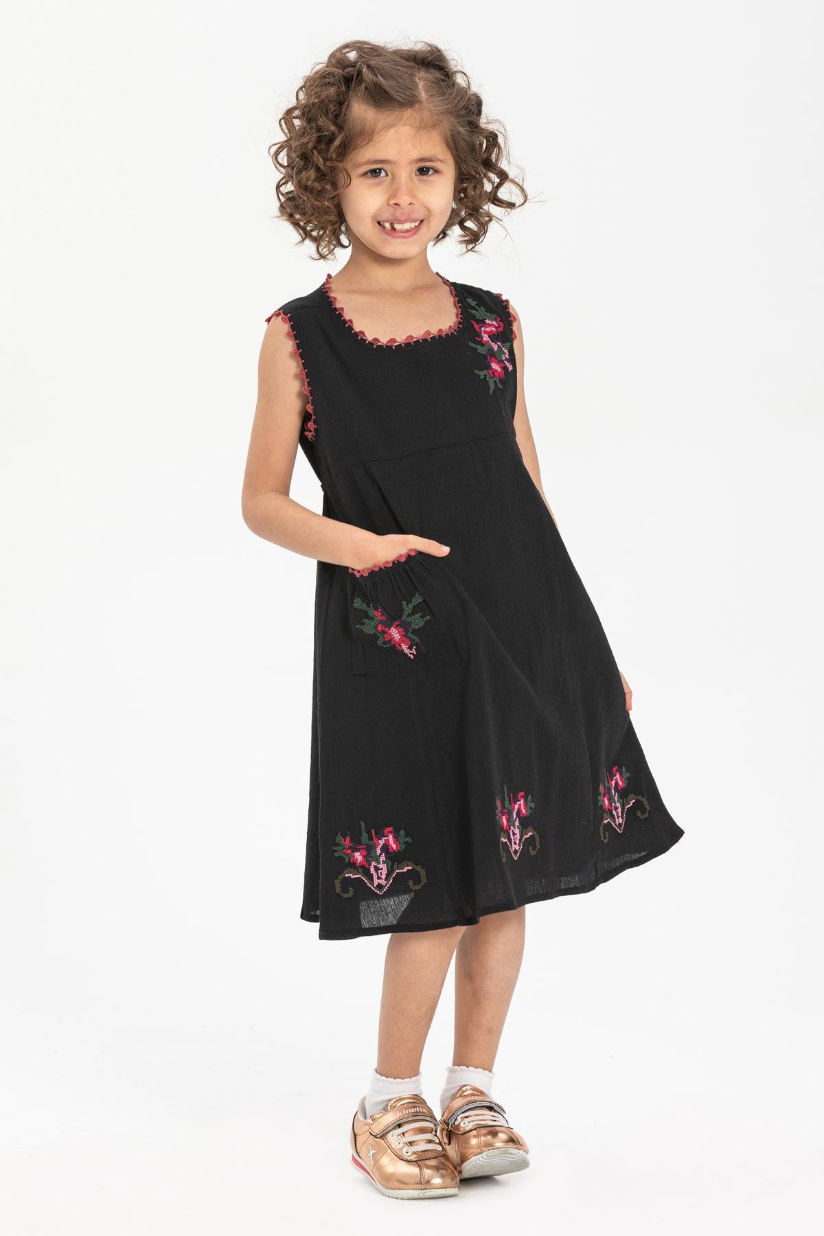Burçak Şile Bezi Kız Çocuk Elbise Siyah Syh