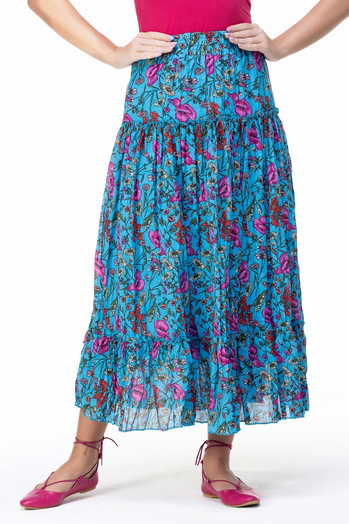 Buse Voile Long Skirt Gelincik Pattern Turquoise
