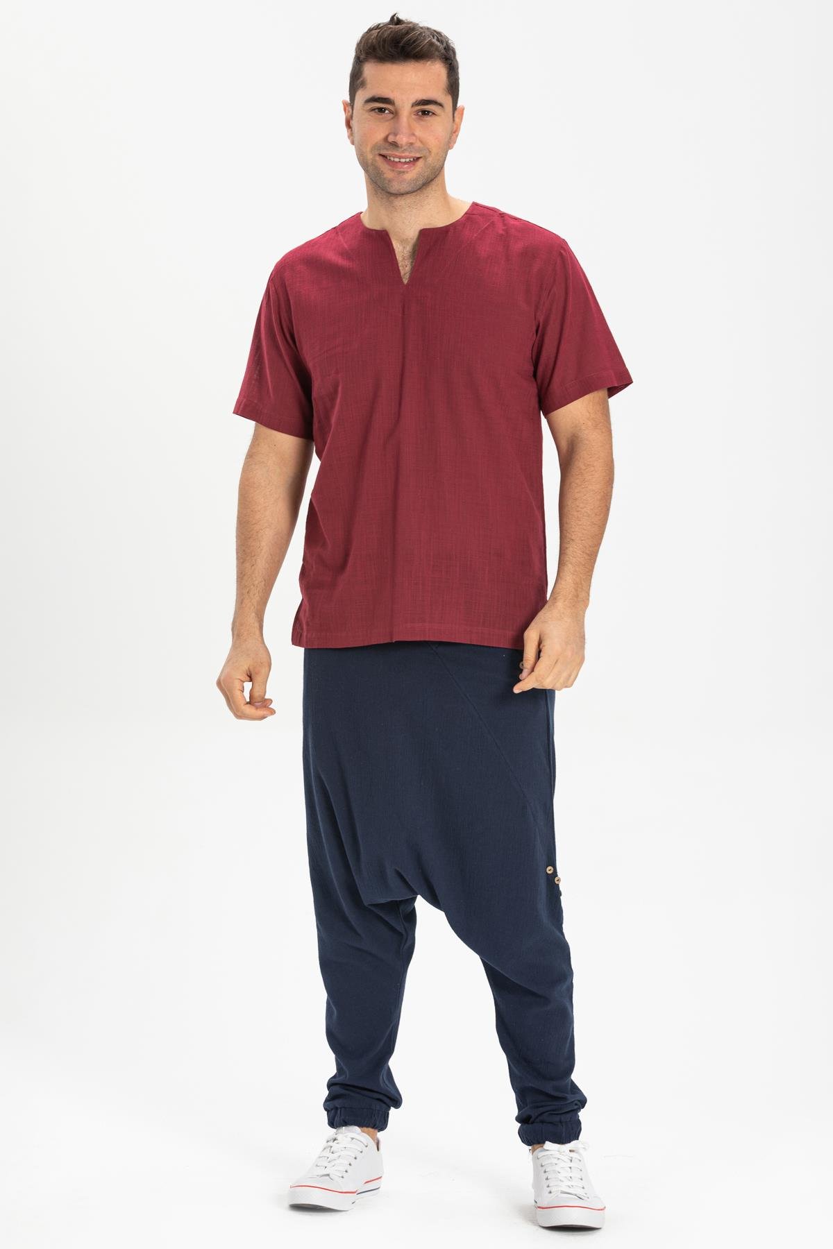 Büyük Beden Kısa Kol Şile Bezi Bisiklet Yaka Erkek Tshirt Koyu Bordo 3068