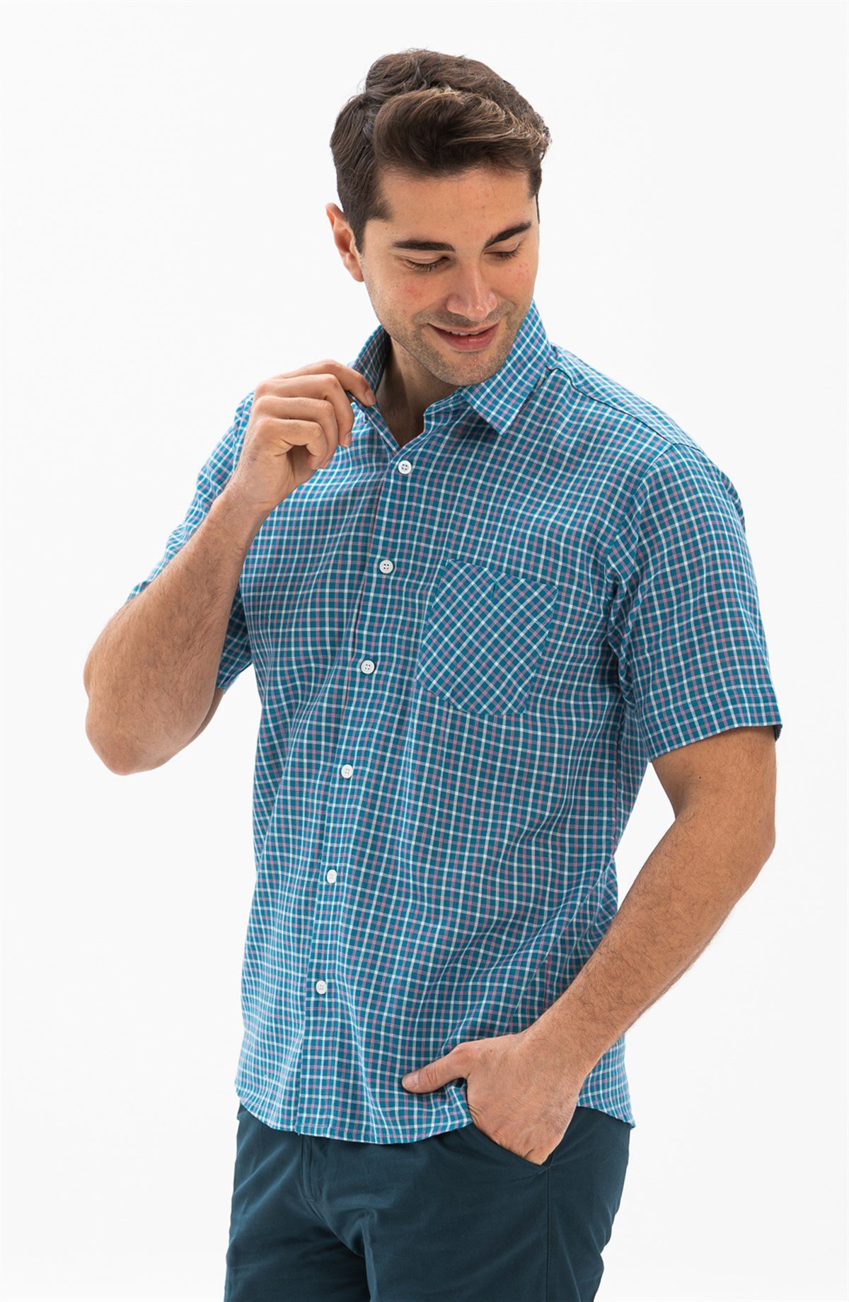 Büyük Beden Kısa Kol Şile Bezi Erkek Gömlek Petrol Ekose