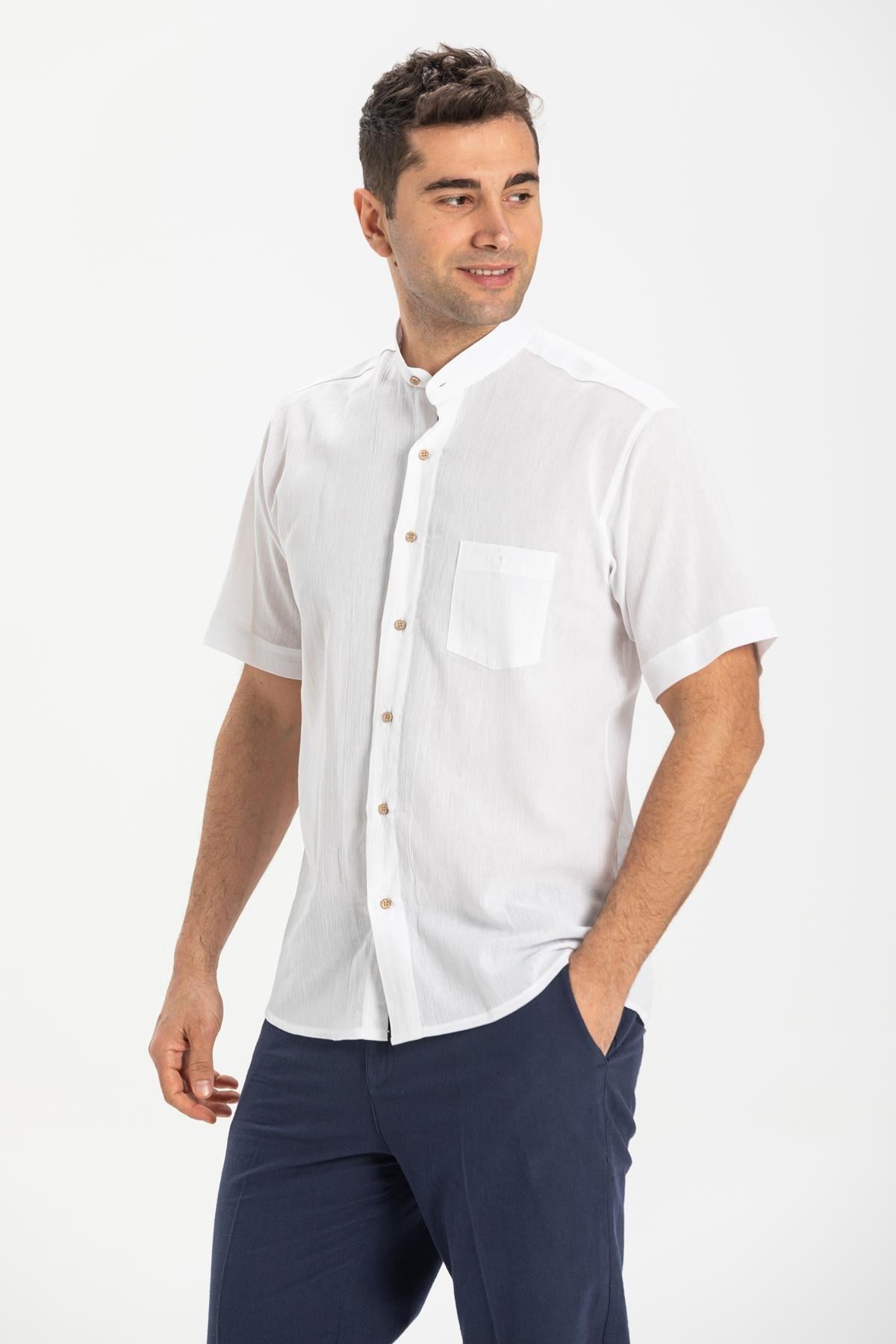 Large Size Short Sleeve Sile Fabric Large Collar Men's Shirt White