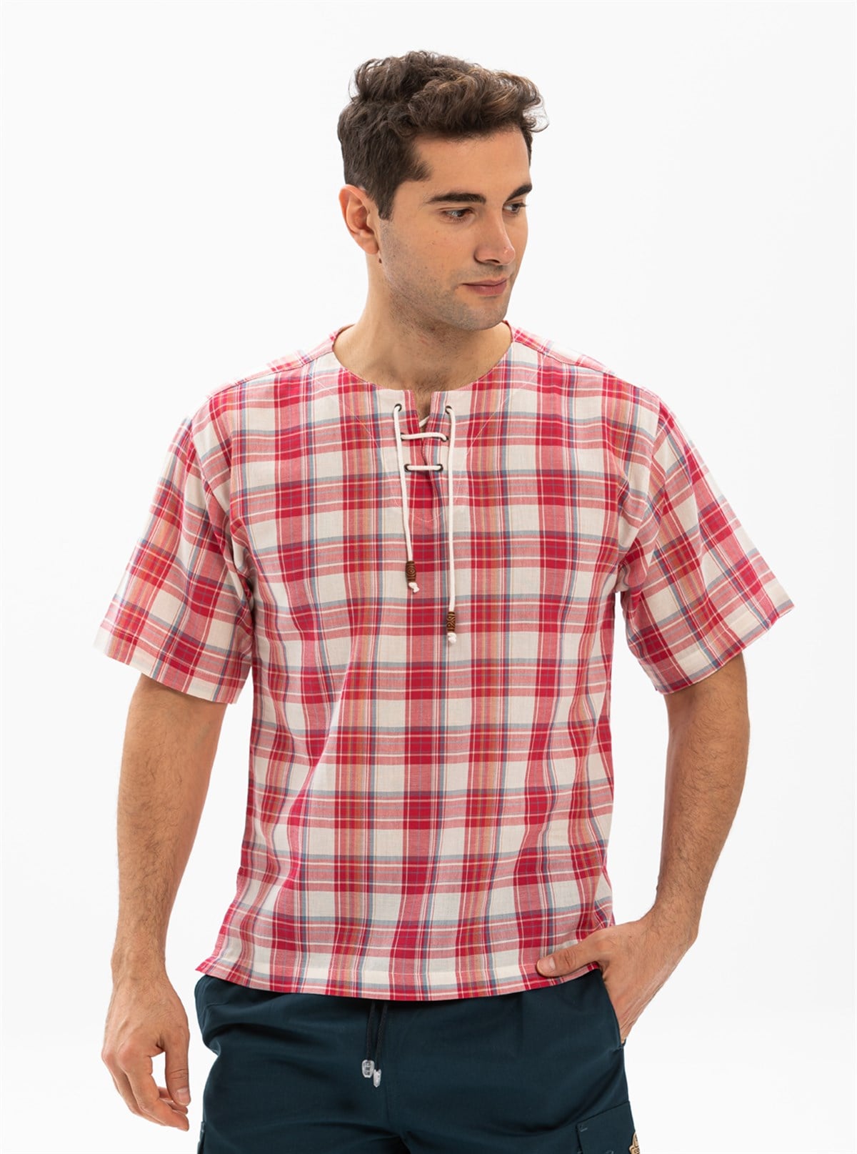 Büyük Beden Kısa Kol Şile Bezi Zımbalı Erkek Tshirt Kırmızı Krem Ekose
