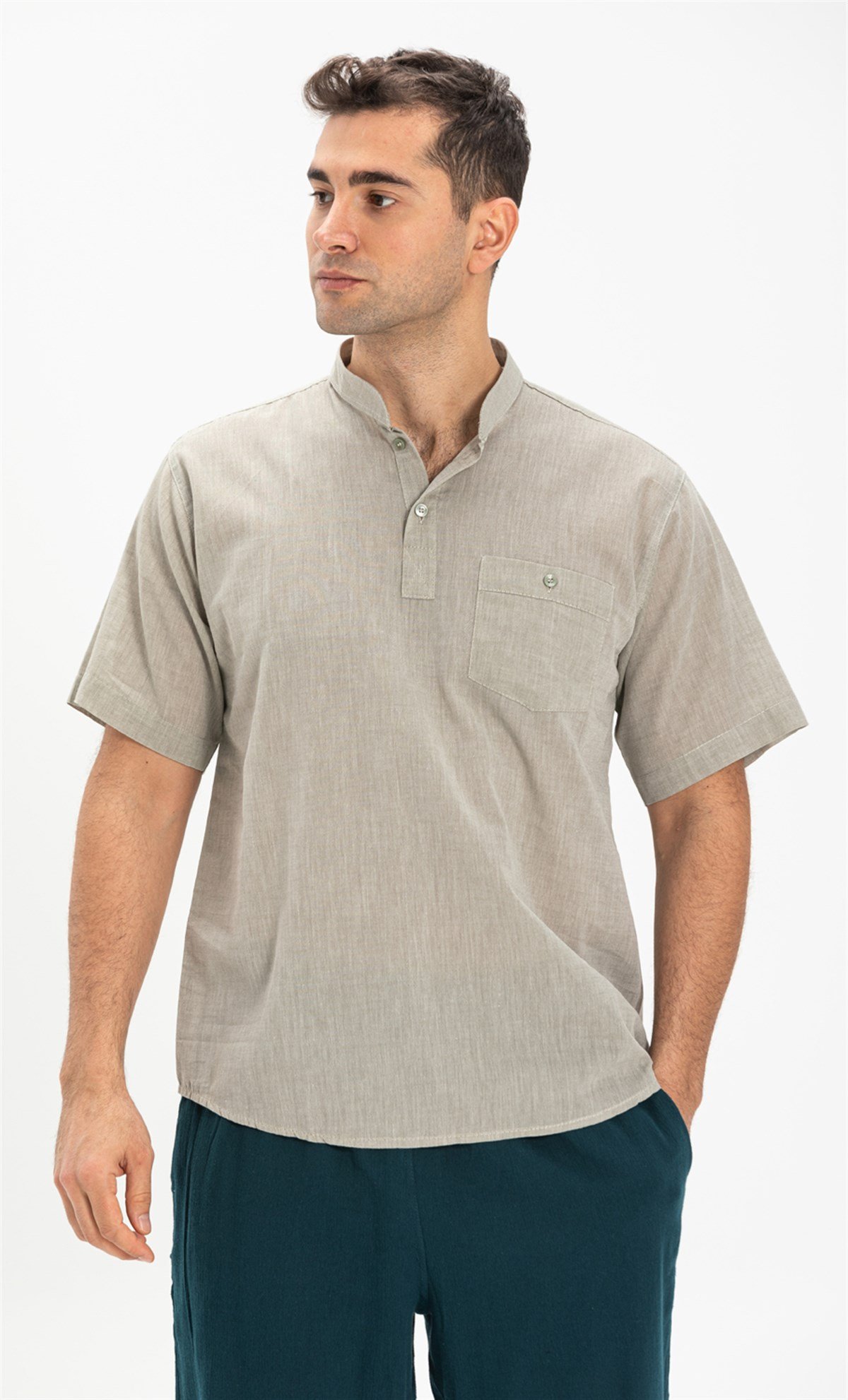 Büyük Beden Şile Bezi Kısa Kol Hakim Yaka Erkek Tshirt Taş 3031