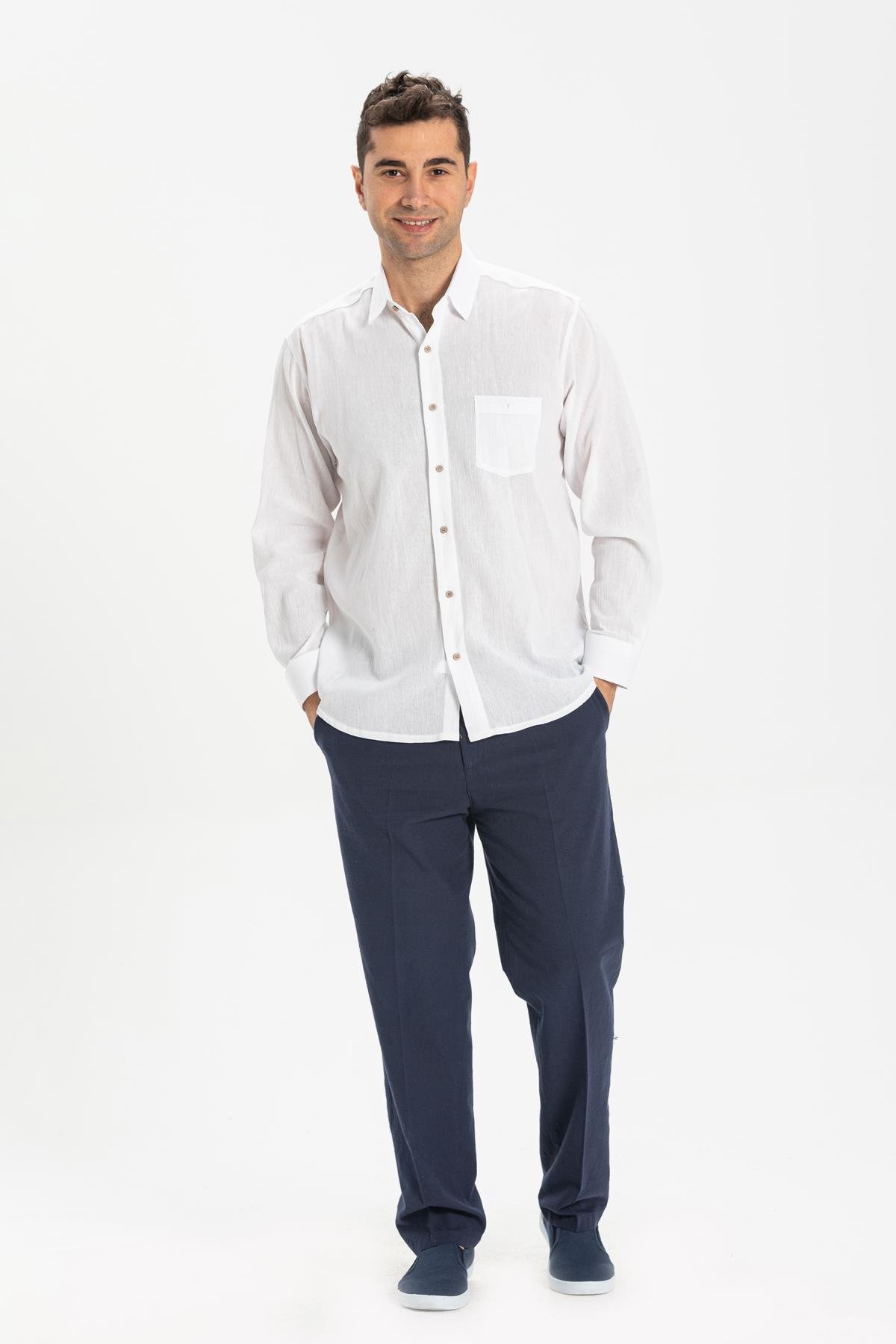 Büyük Beden Şile Bezi Tek Cepli Uzun Kol Erkek Gömlek Beyaz 3001