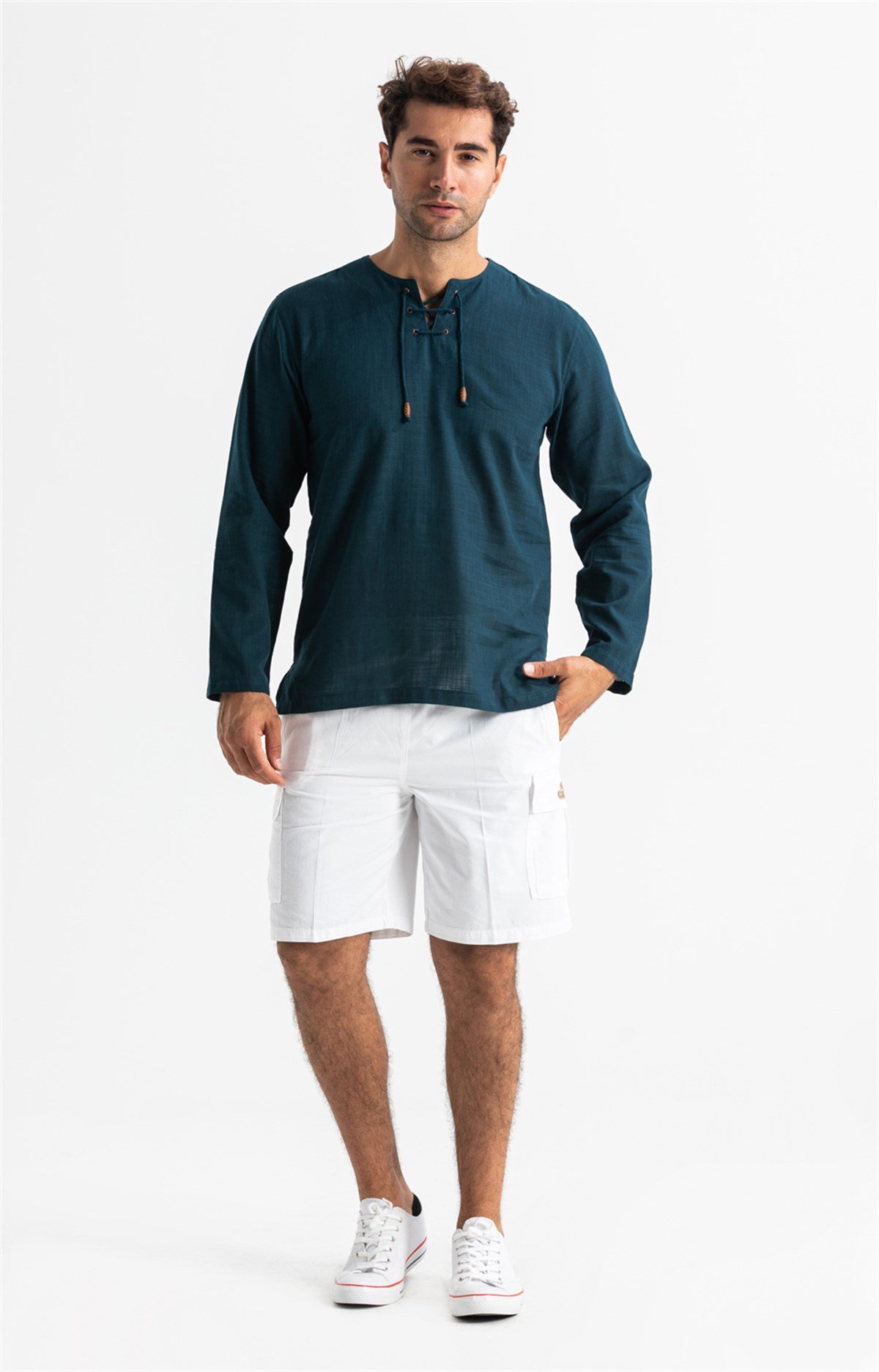 Büyük Beden Şile Bezi Uzun Kol Zımbalı Erkek Tshirt Koyu Petrol 3069