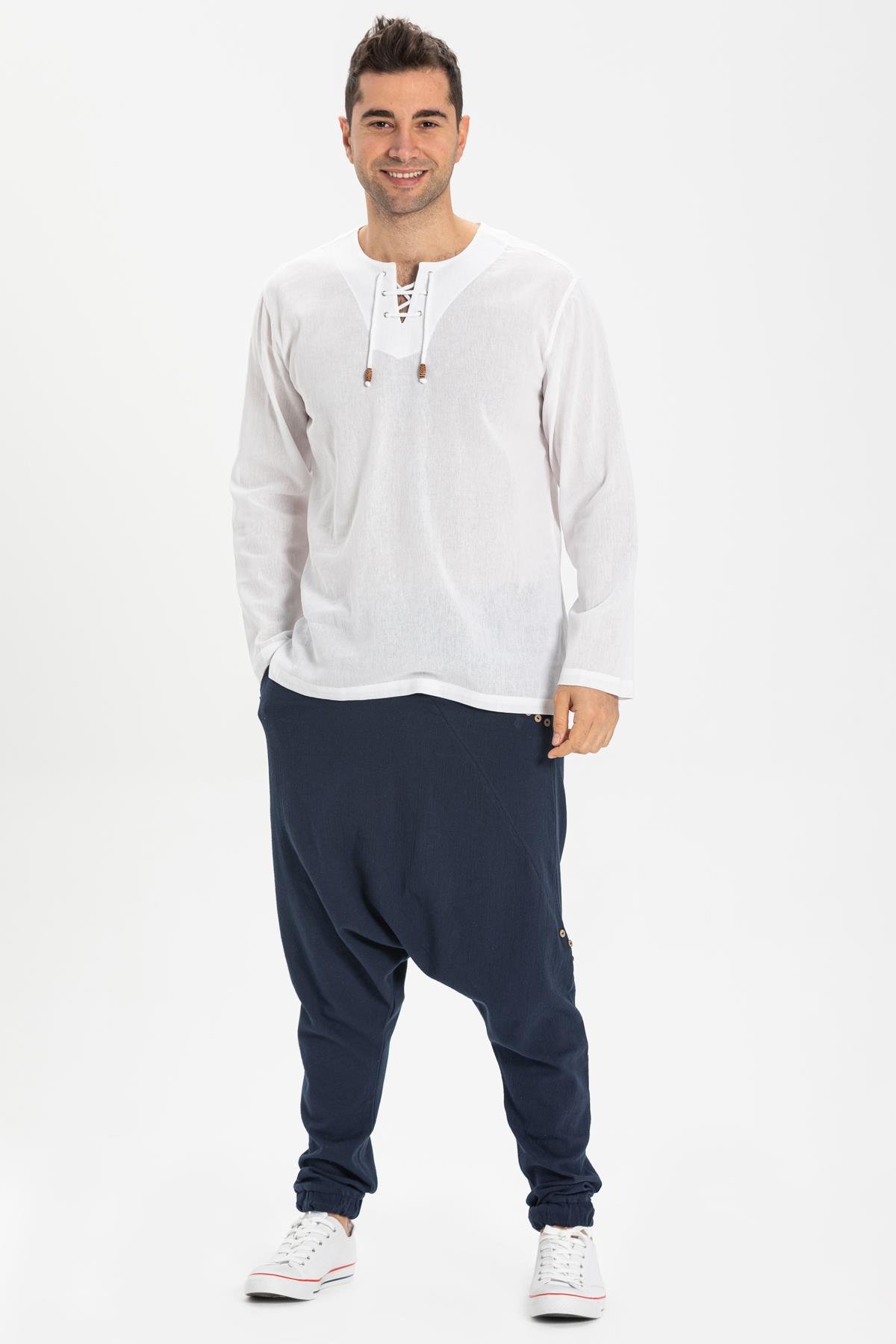 Büyük Beden Şile Bezi Uzun Kol Zımbalı Erkek Tshirt Beyaz 3001