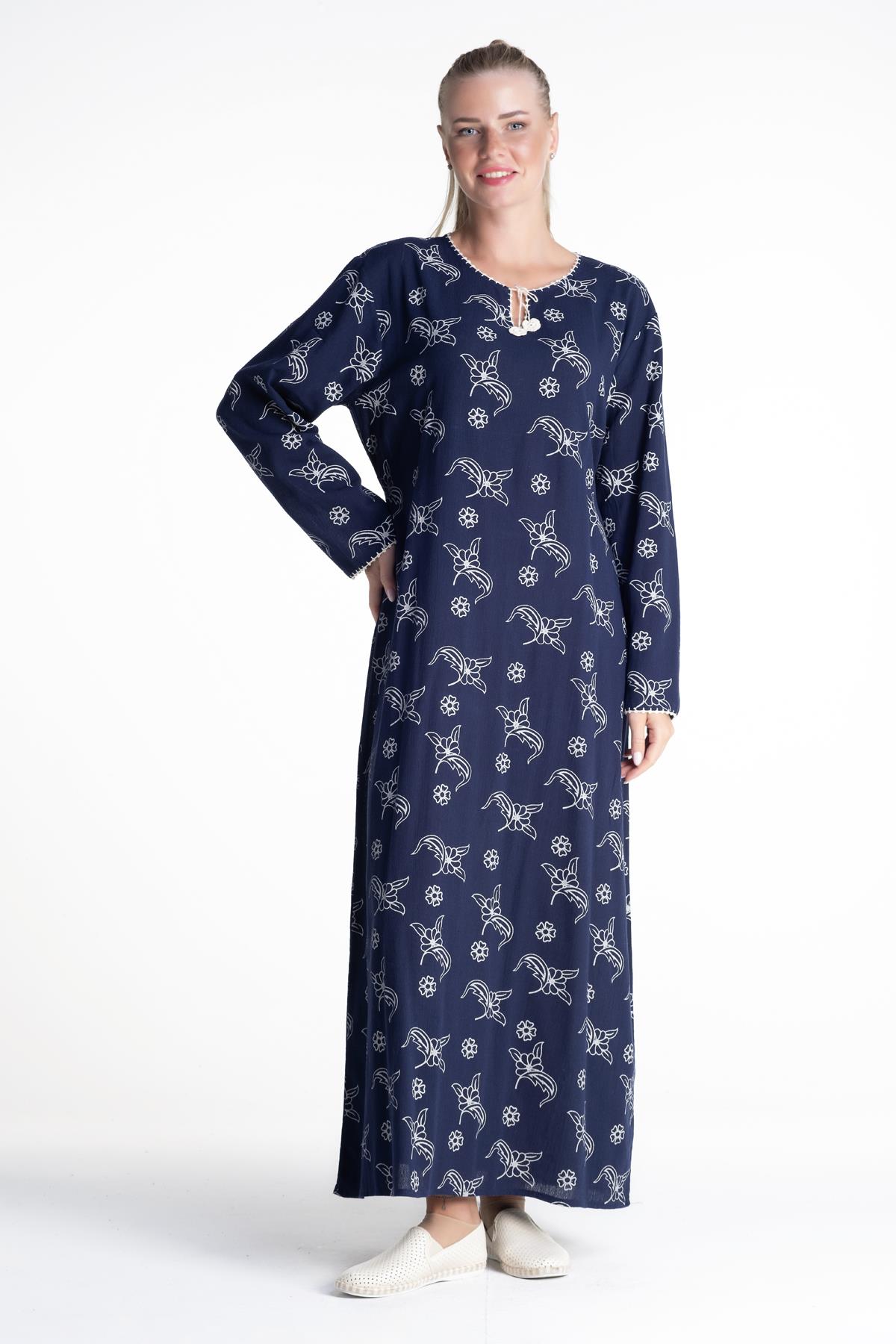 Plus Size Long Sleeve Şile Fabric Baskılı Long Dress Scattered Pattern Navy Blue