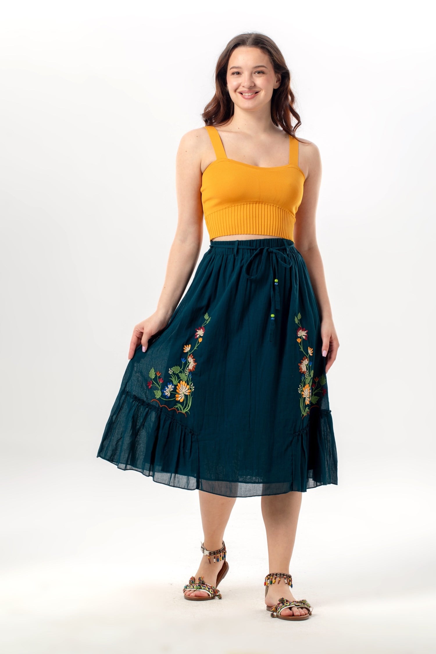 Canan Vual Tie and Elastic Detail Midi Length Summer Authentic Skirt Petrol Color