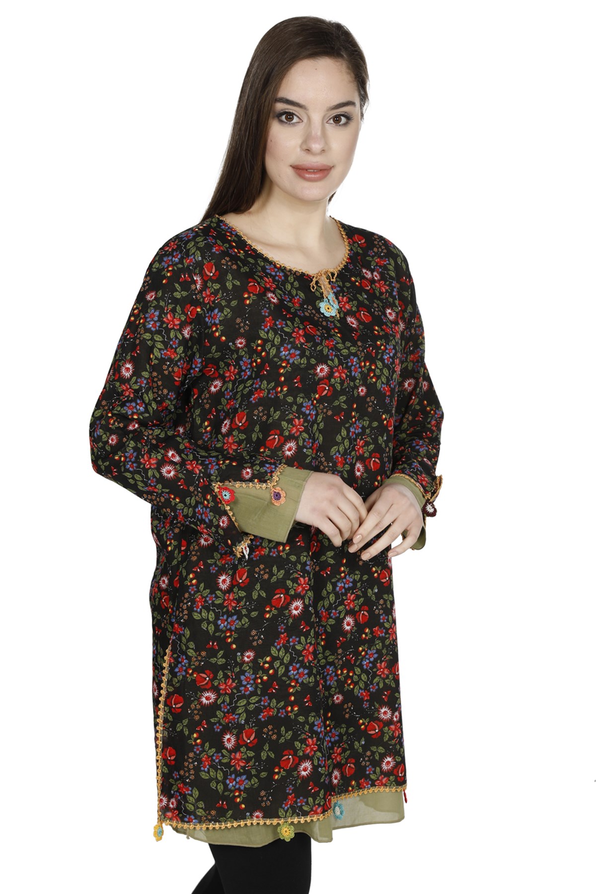 Ceyda Vual Tunik Gelincik Desen Siyah