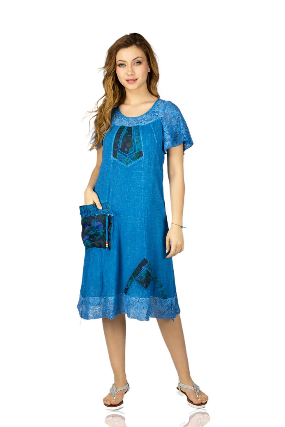 Short Sleeve Şile Fabric Ezgi Midi Dress Saxe