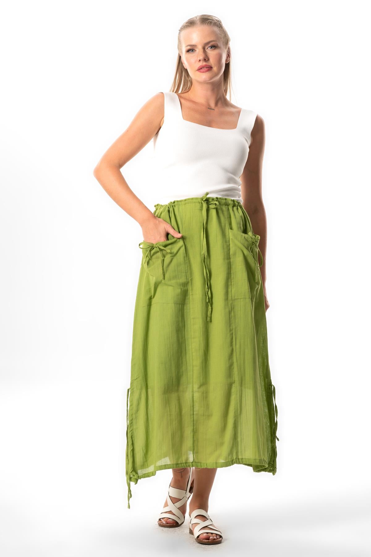 Gökşen Voile Binding and Elastic Detail Midi Length Summer Authentic Skirt Pistachio Green