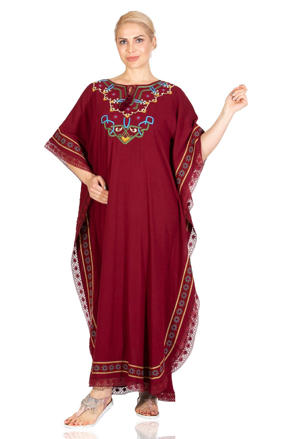 Short Sleeve Şile Fabric Gülseren Long Dress Claret Red