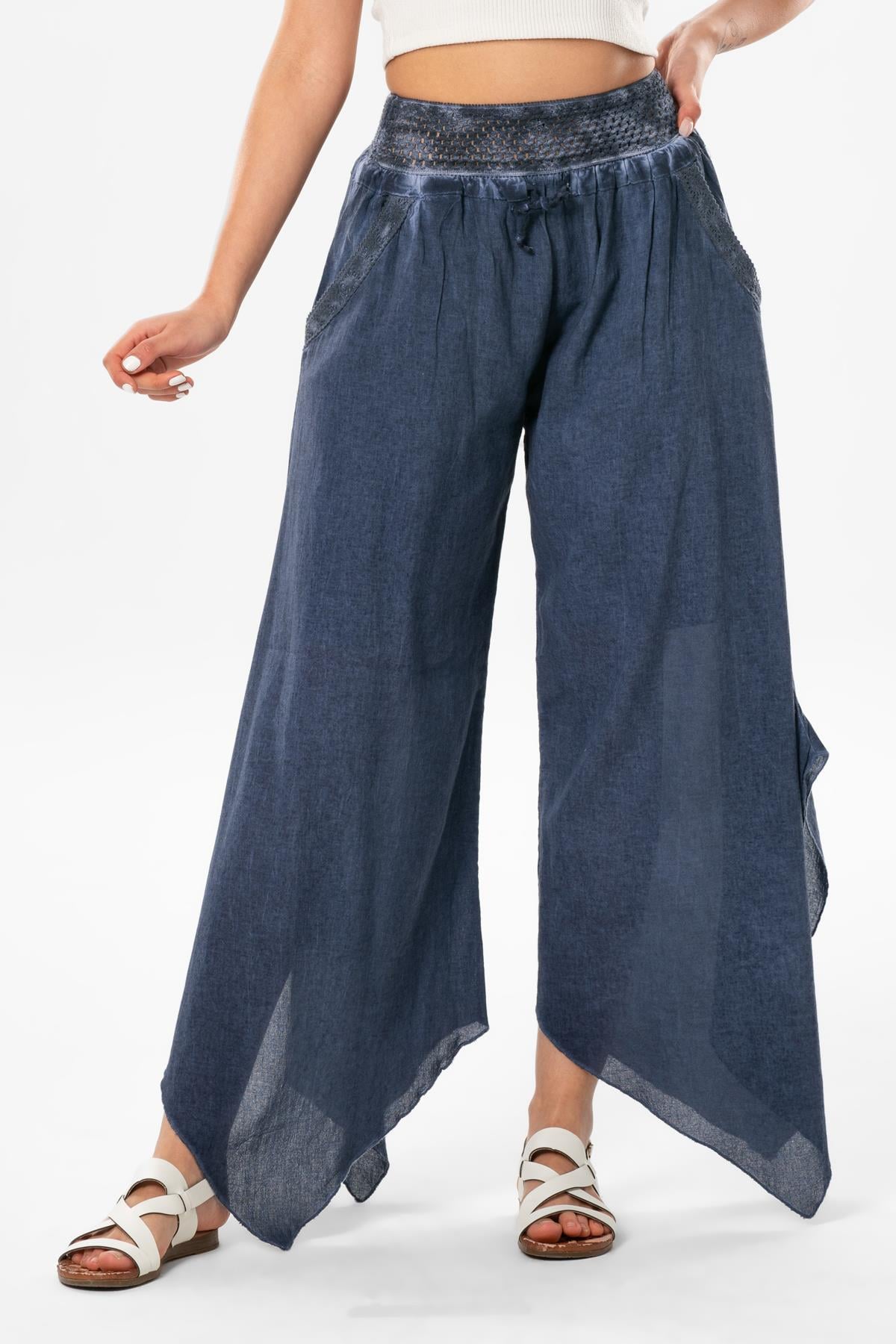 Güzide Şile Bezi Lastikli Simetrik Paça Yazlık Şalvar İndigo indg