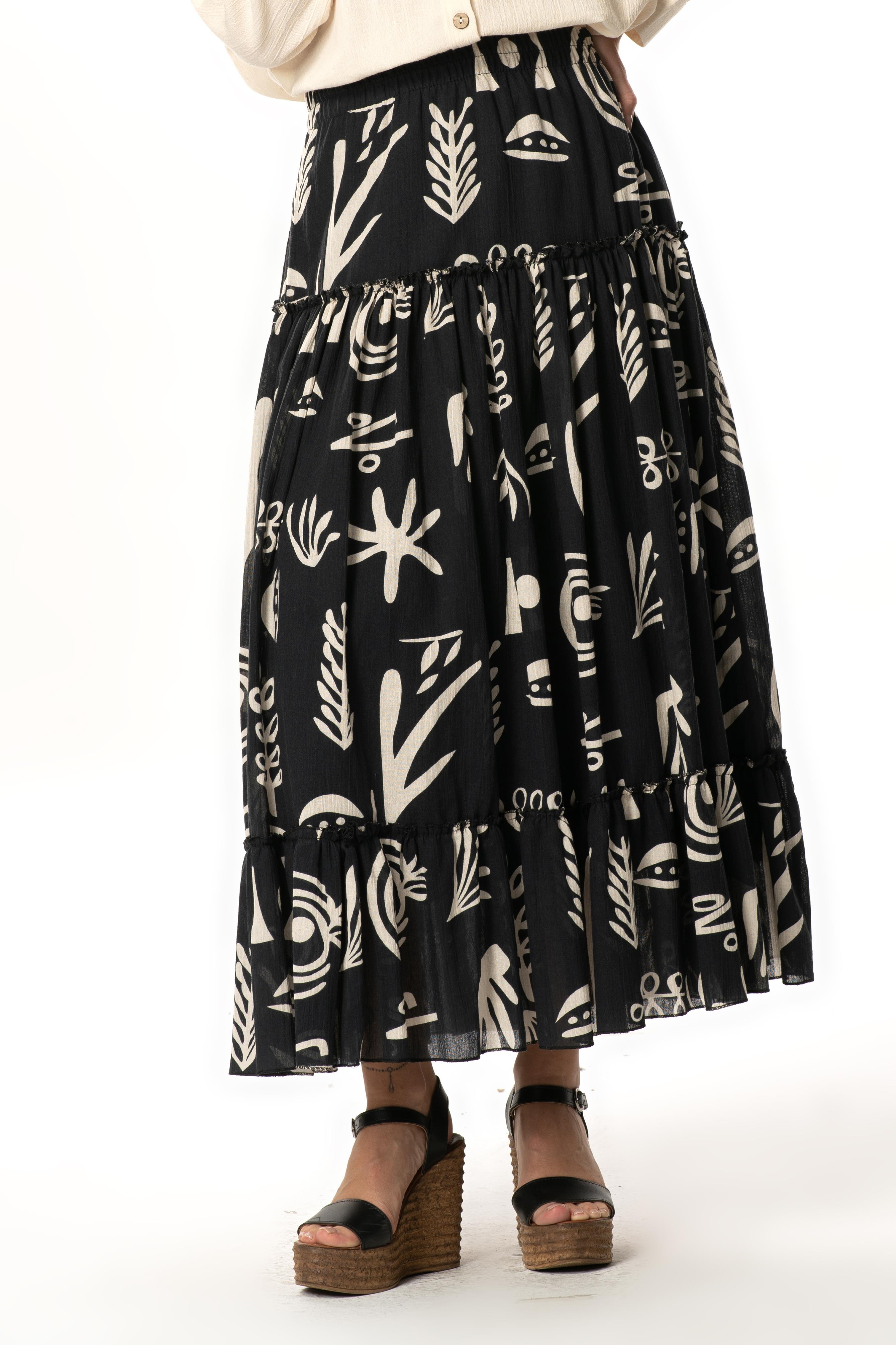 Hale Şile Bezi Yazlık Desenli Uzun Etek Siyah Syh
