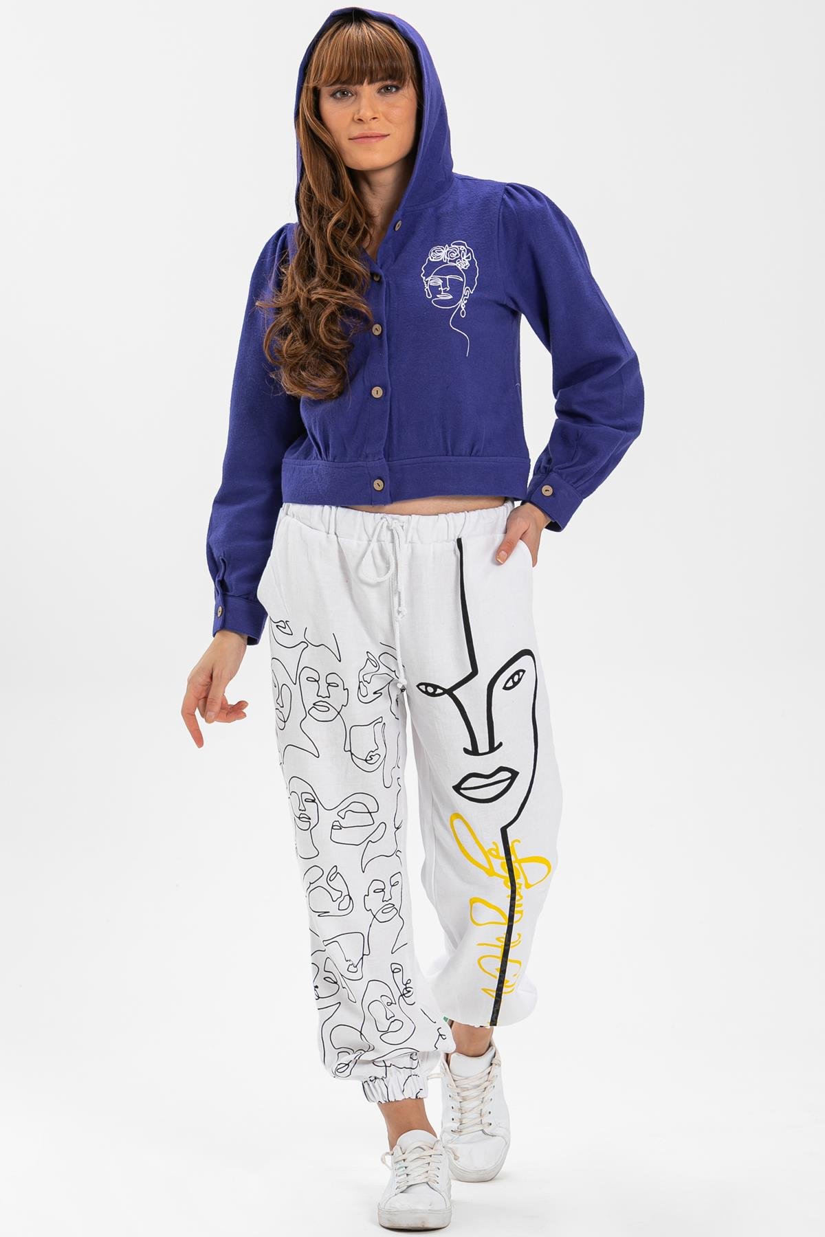 İrem Baskılı Pazen Pantolon Beyaz Byz