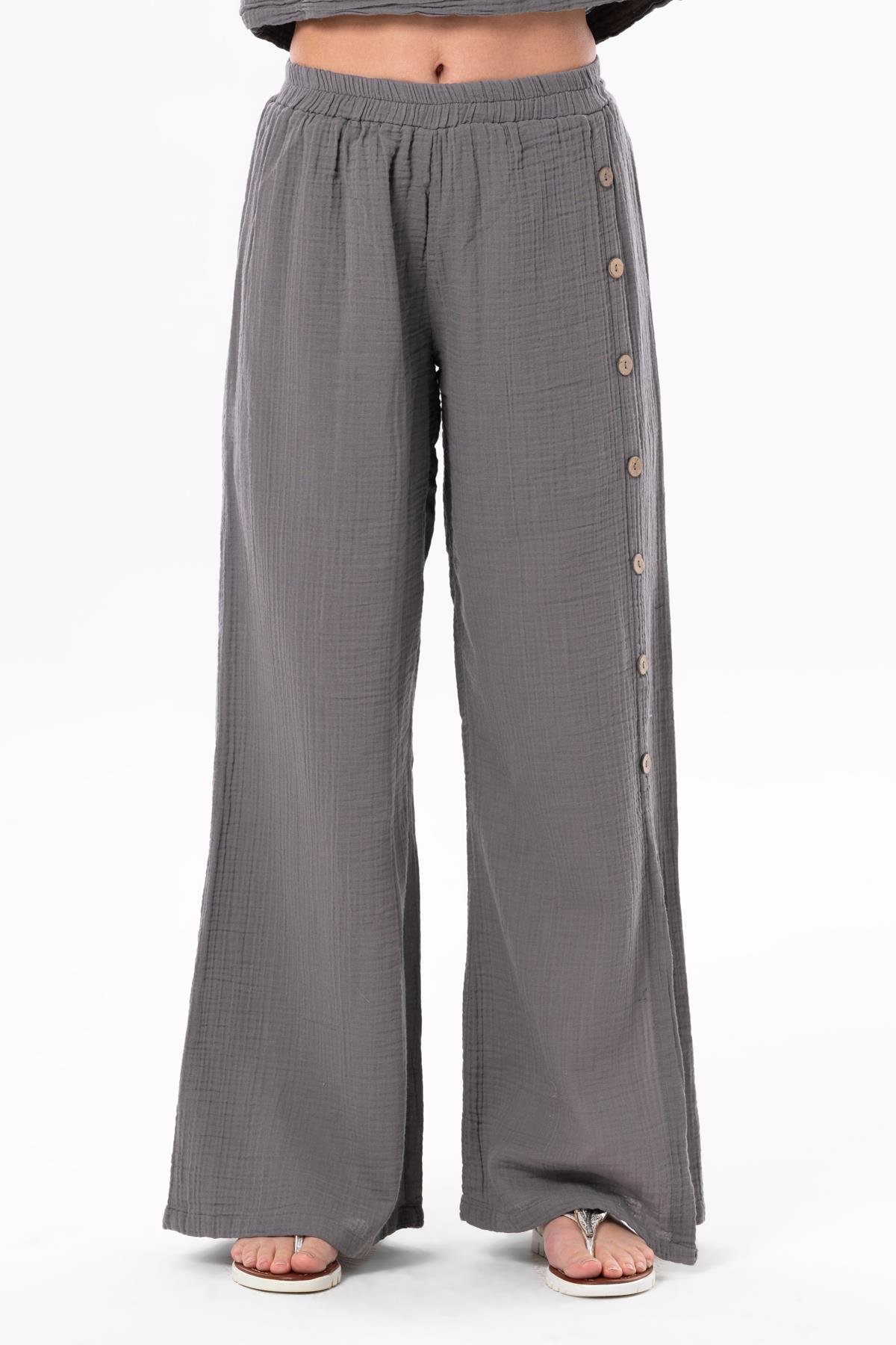 İzel Yırtmaçlı Yazlık Müslin Pantolon Gri Gri