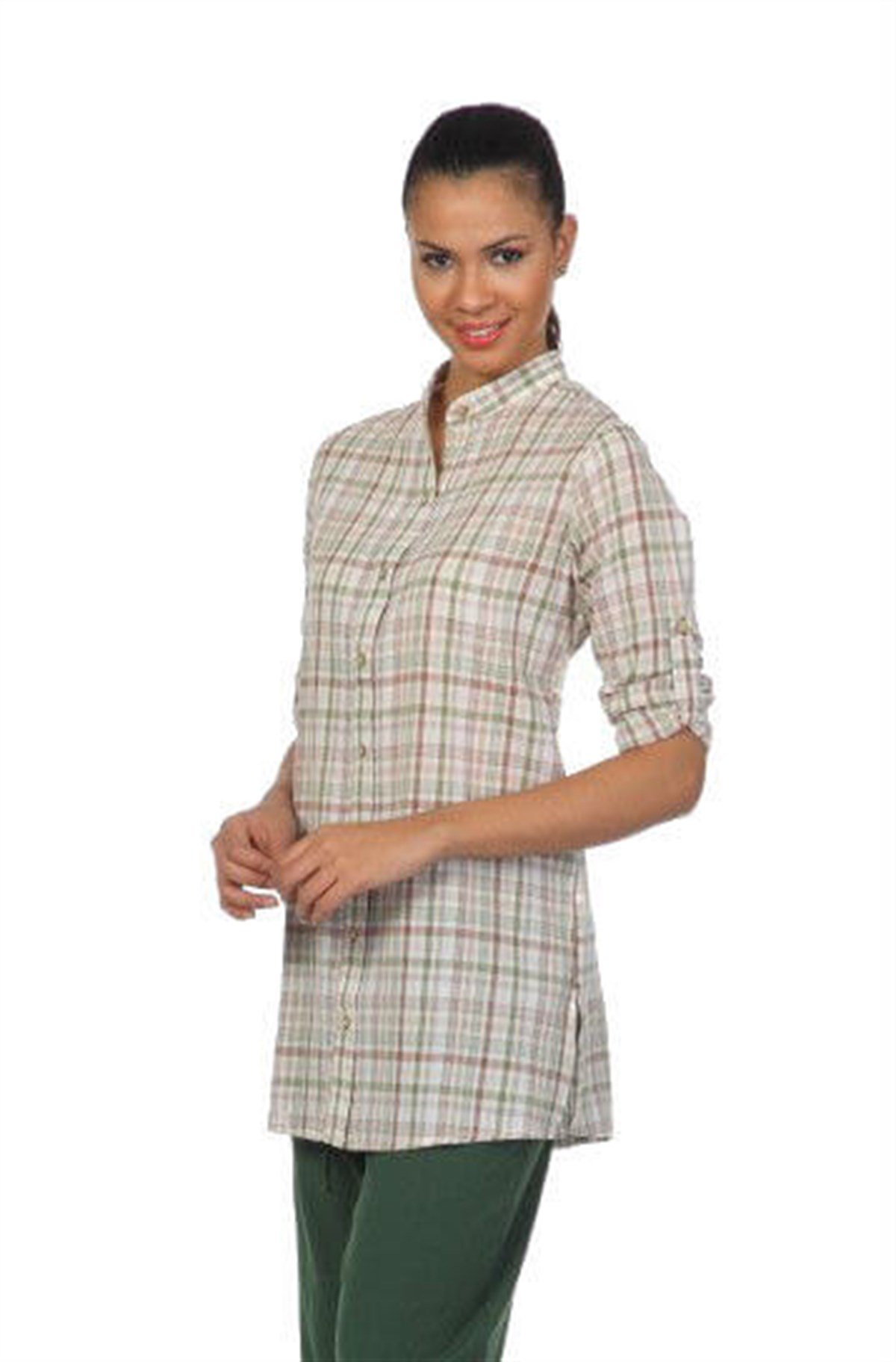 Kadın Şile Bezi Hakim Yaka Tunik Krem Çizgili