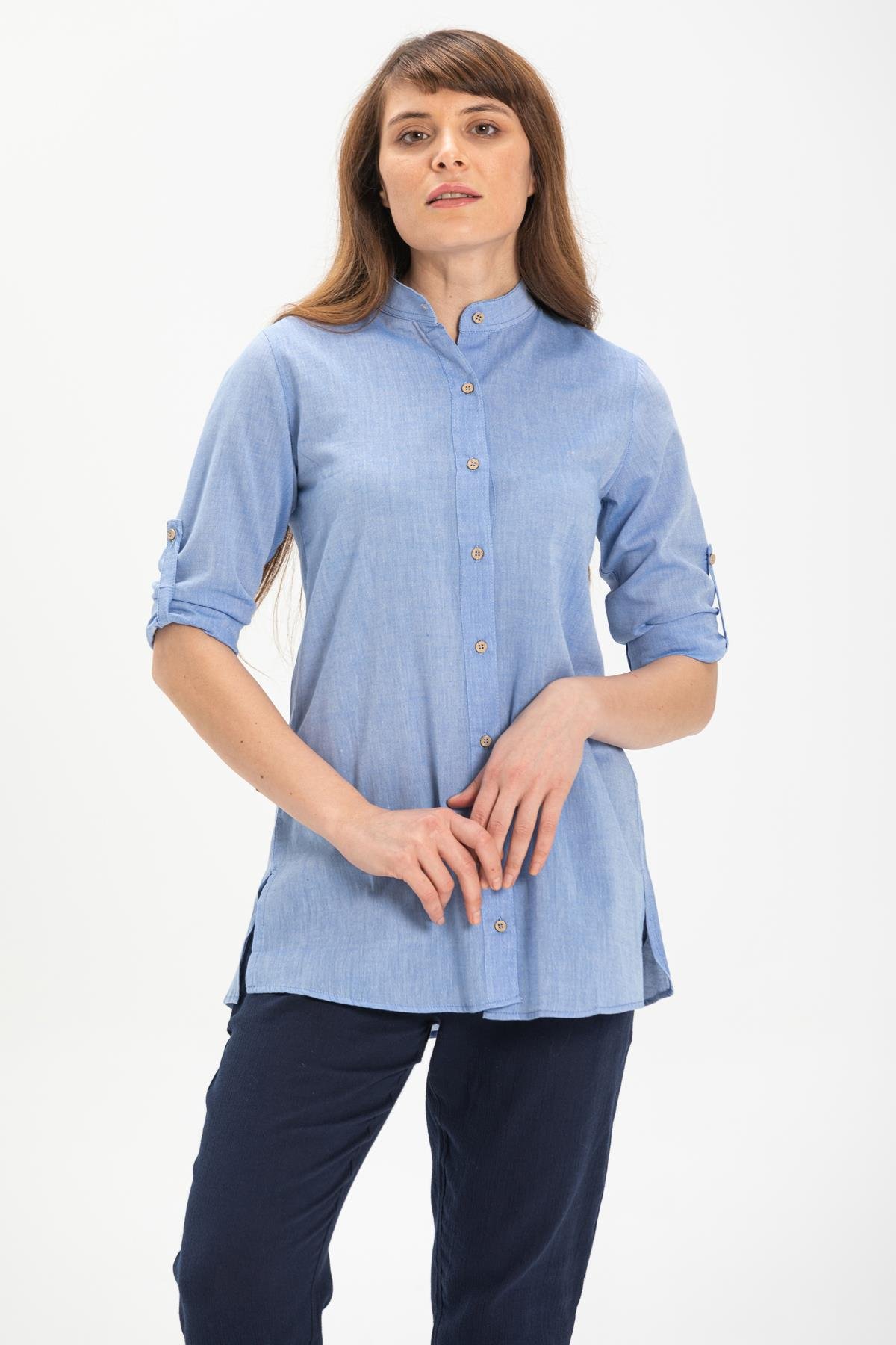 Kadın Şile Bezi Hakim Yaka Tunik Mavi 3032