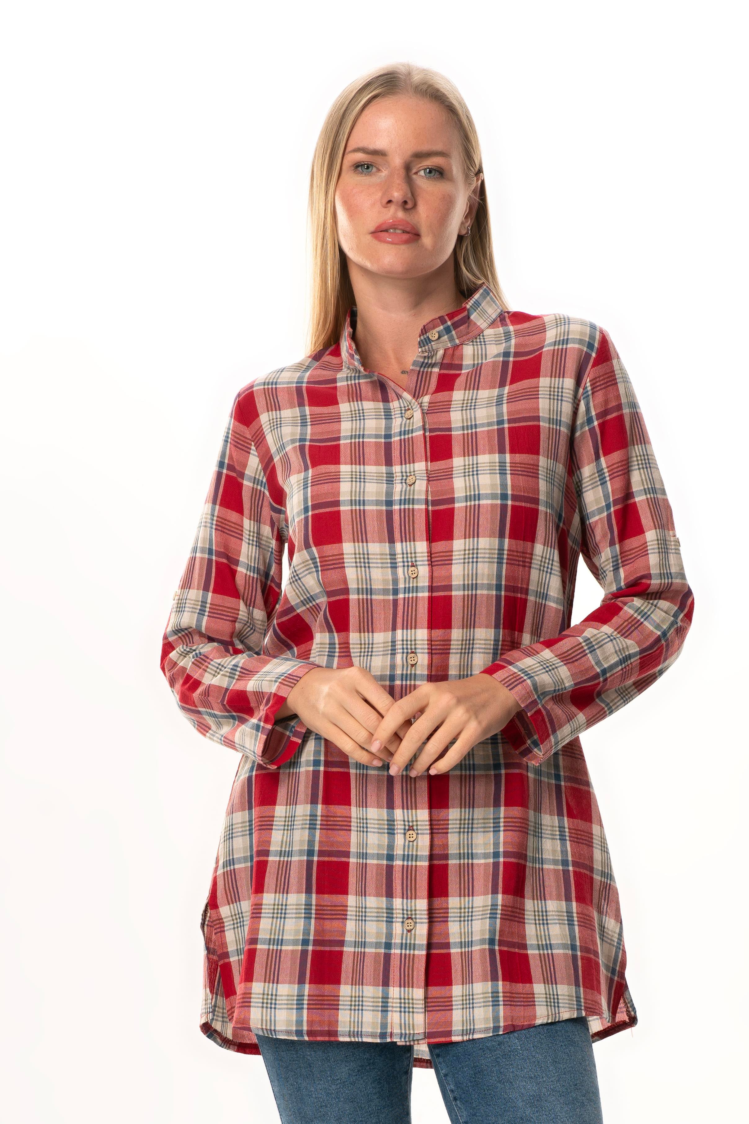 Female Judge Collar  Şile Fabric Tunic Red Navy Plaid