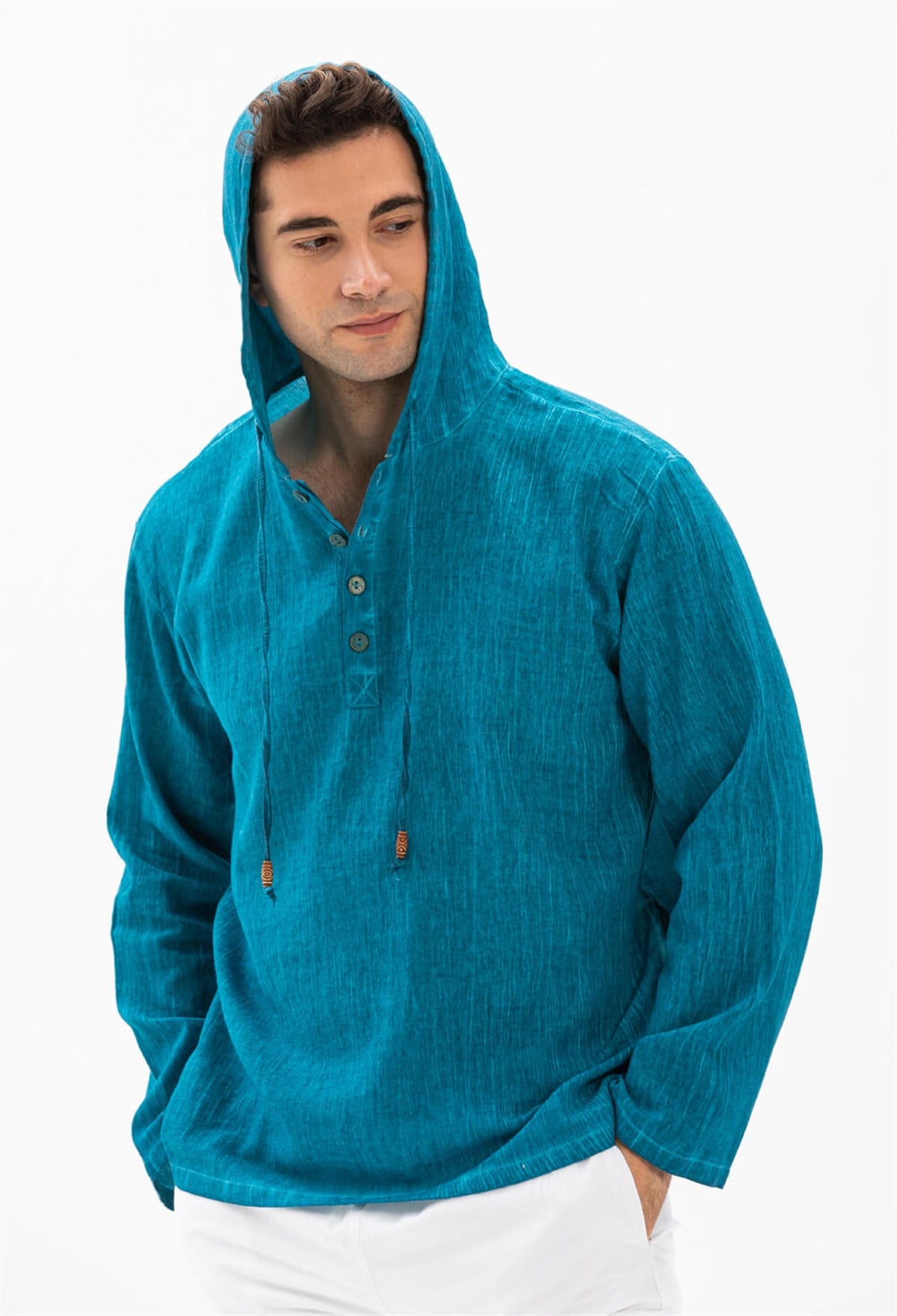 Kapüşonlu Şile Bezi Erkek Sweatshirt Turkuaz