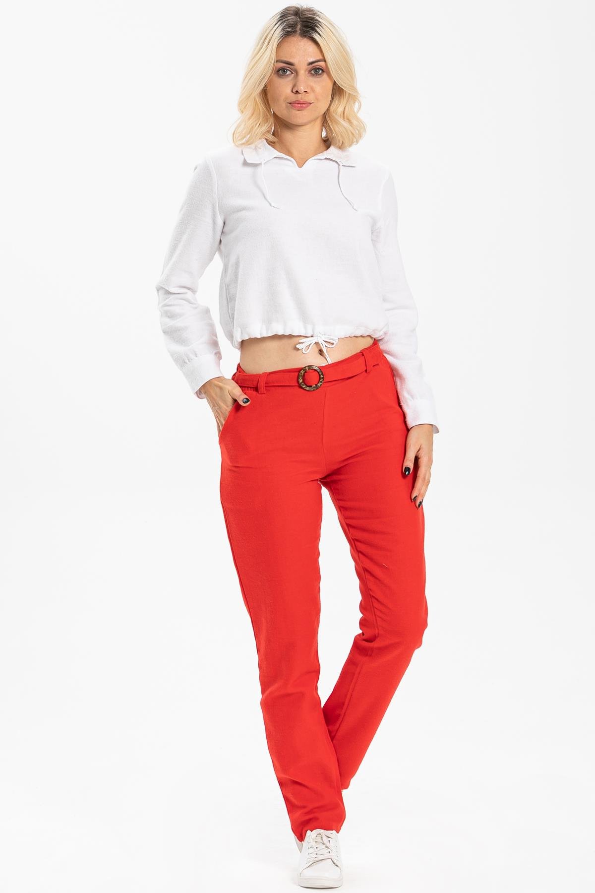 Kemerli Pazen Sonbahar ve Kışlık Pantolon Kırmızı Krmz