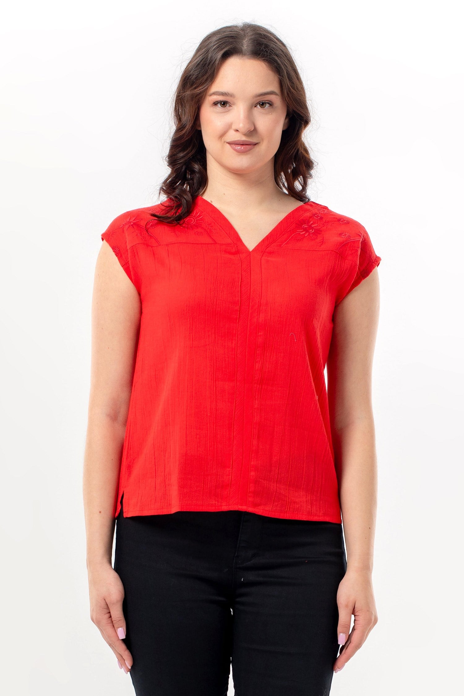 Short Sleeve Gülizar Şile Fabric Summer Embroidered Blouse Red