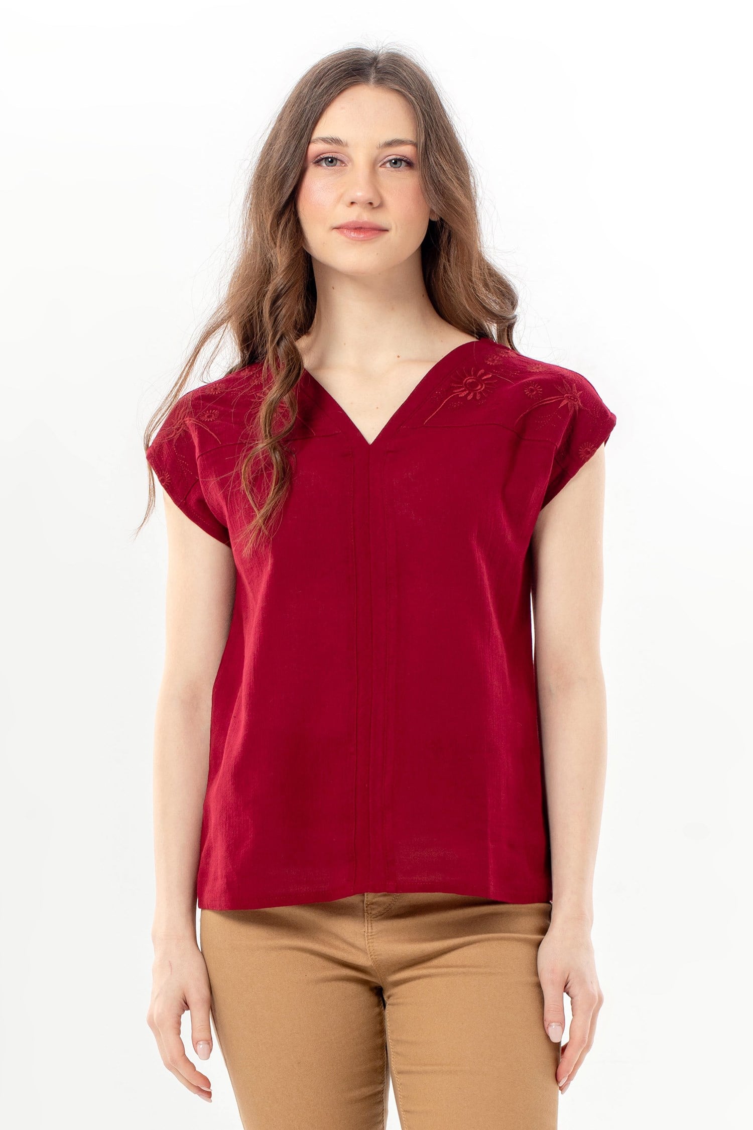 Short Sleeve Gülizar Şile Fabric Summer Embroidered Blouse Burgundy