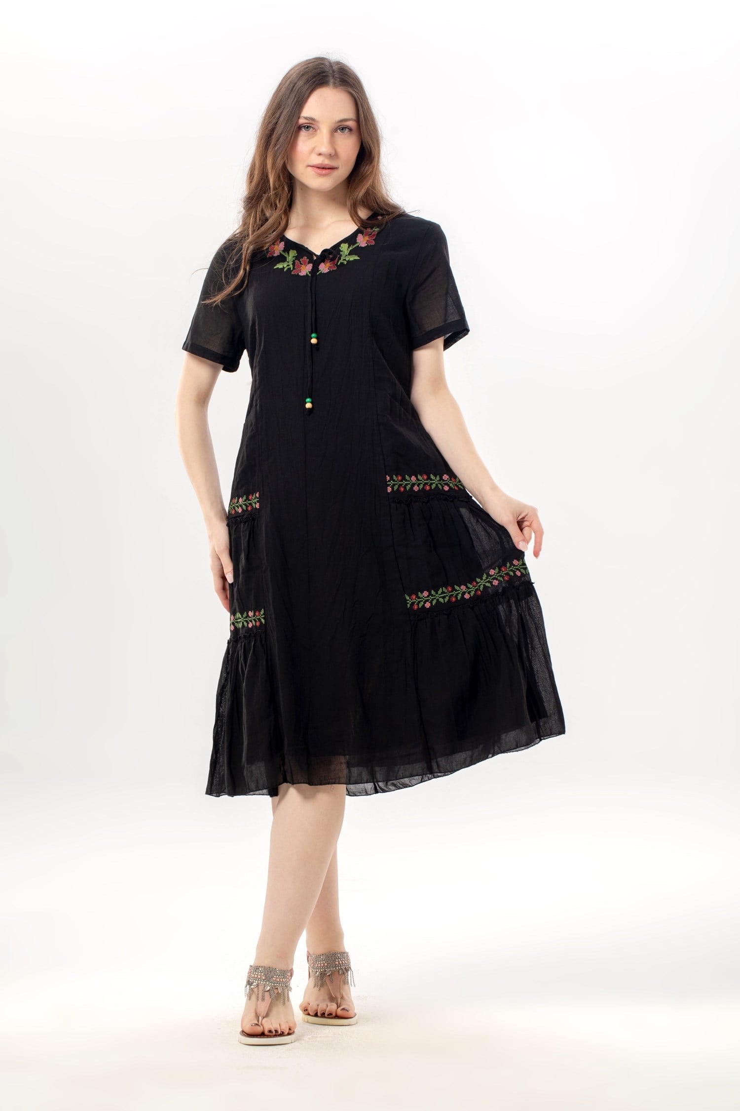 Aynur Short-Sleeved Round Neck Pocketed Summer Voile Short Dress Black