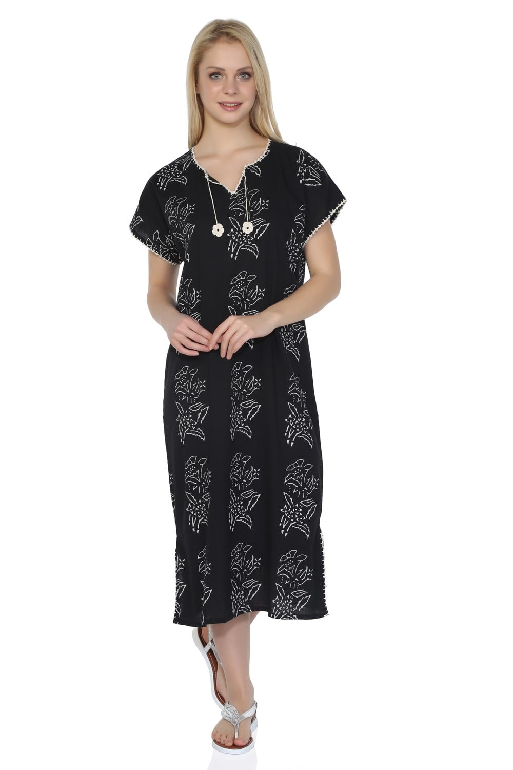 Short Sleeve Sile Fabric Baskılı Midi Dress Lily Pattern Black