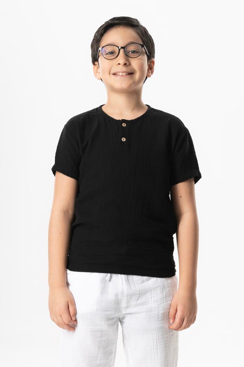 Kısa Kol Batı Cep Detaylı Yazlık Müslin Erkek Çocuk Tshirt Siyah Syh
