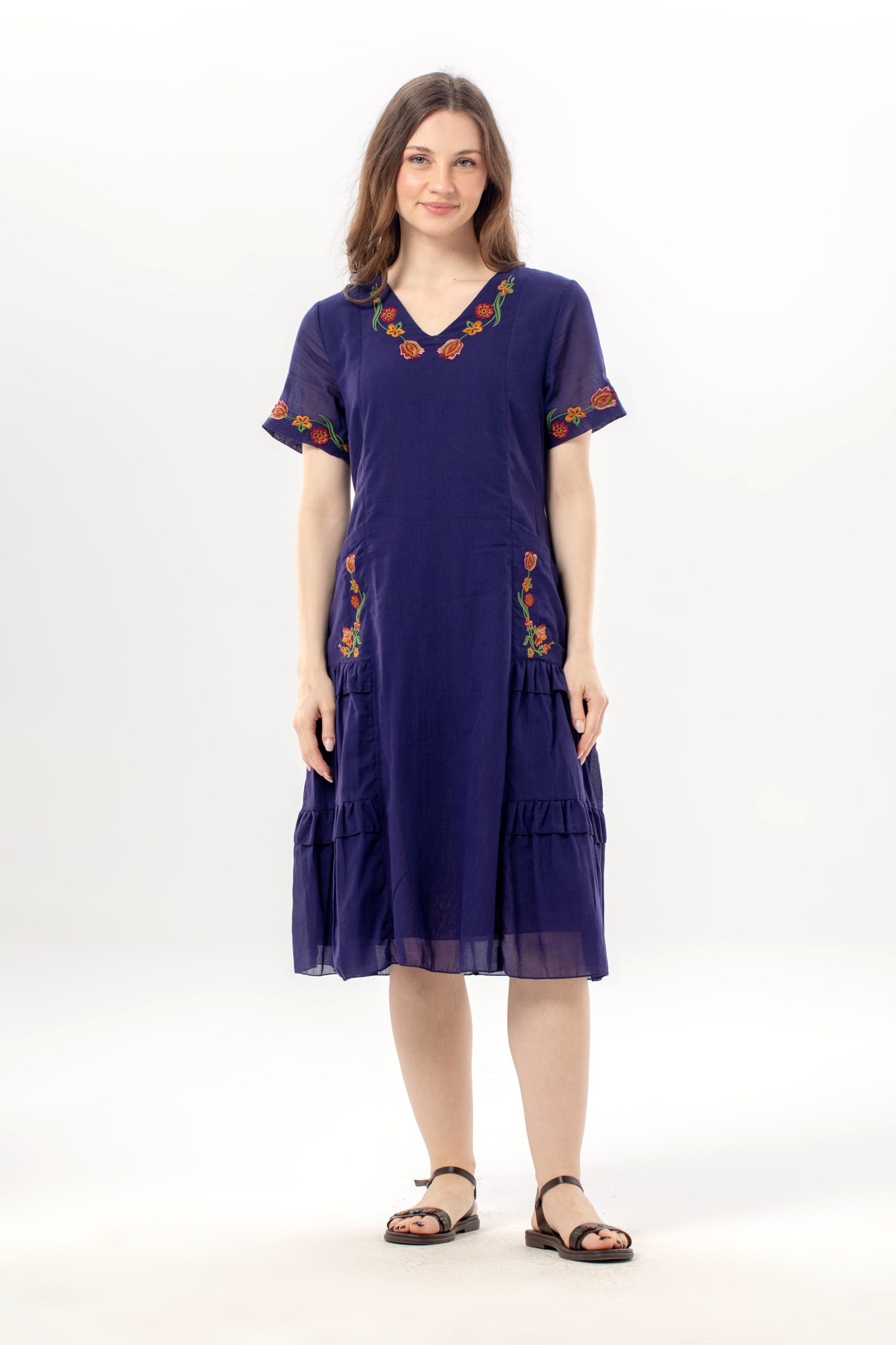 Short Sleeve Belgin V-Neck Summer Voile Dress Purple
