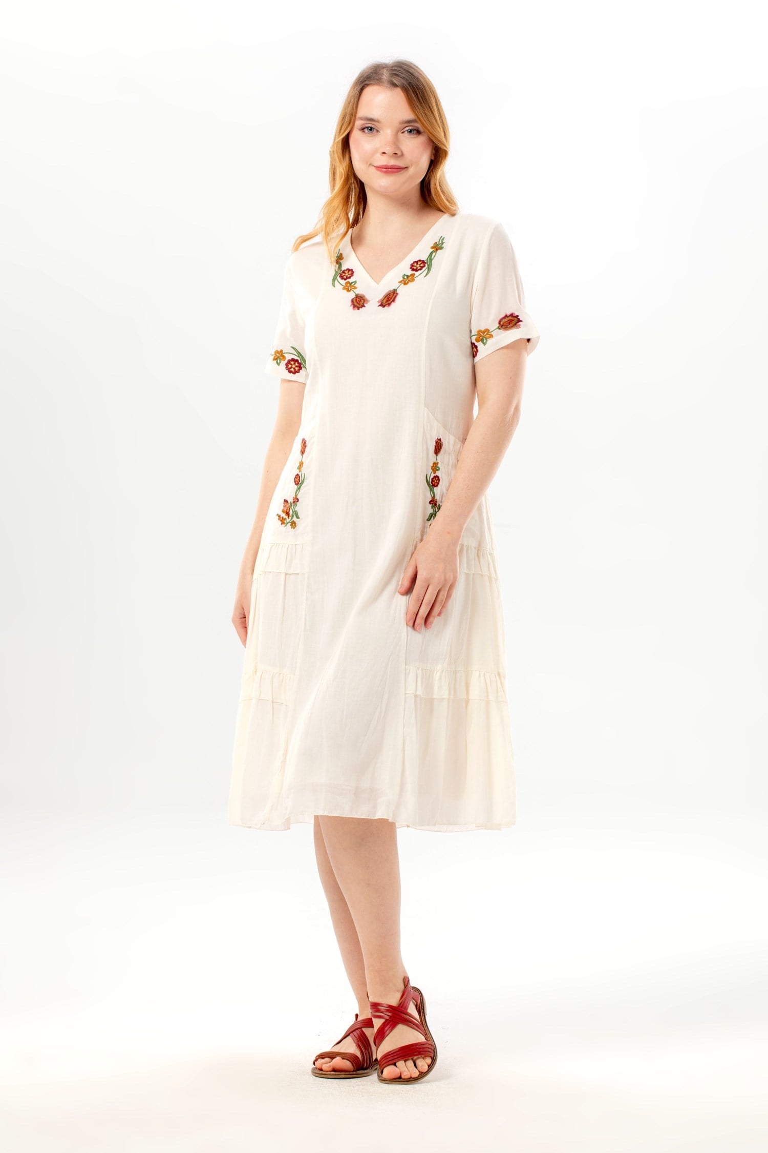 Short Sleeve Belgin V-Neck Summer Voile Dress Cream