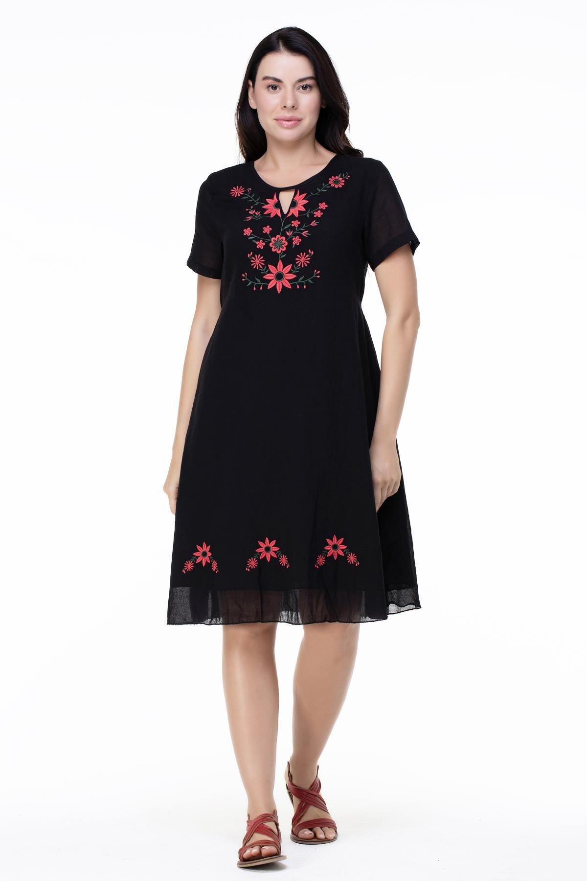 Kısa Kol Büyük Beden Vual Neslihan Midi Boy Çiçek Desen Yazlık Elbise Siyah Syh