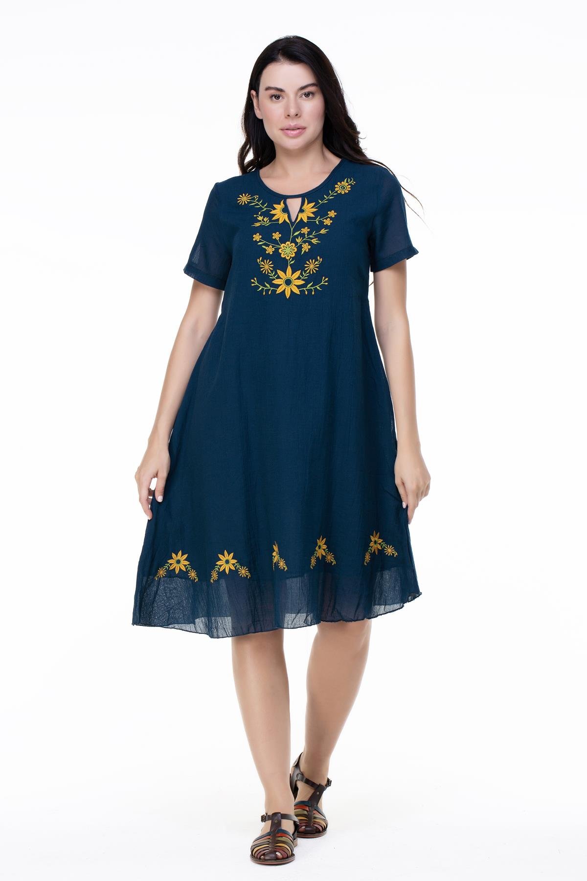 Kısa Kol Büyük Beden Vual Neslihan Midi Boy Çiçek Desen Yazlık Elbise Petrol Ptrl