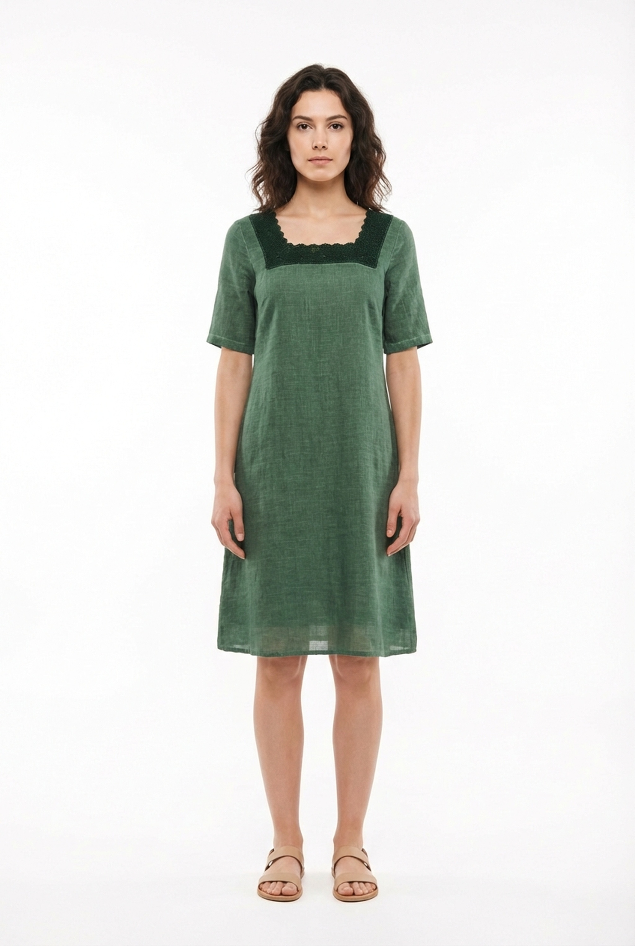 Short Sleeve Cansu Square Neck Summer Poplin Short Dress Green