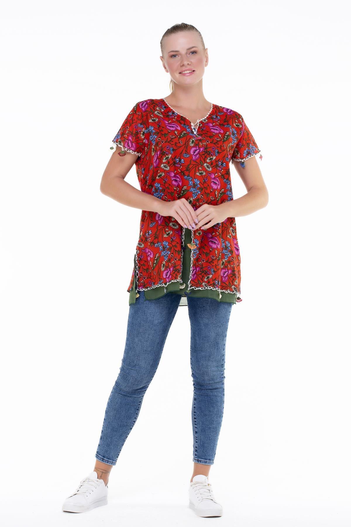 Short Sleeve Ceyda Voile Blouse Red
