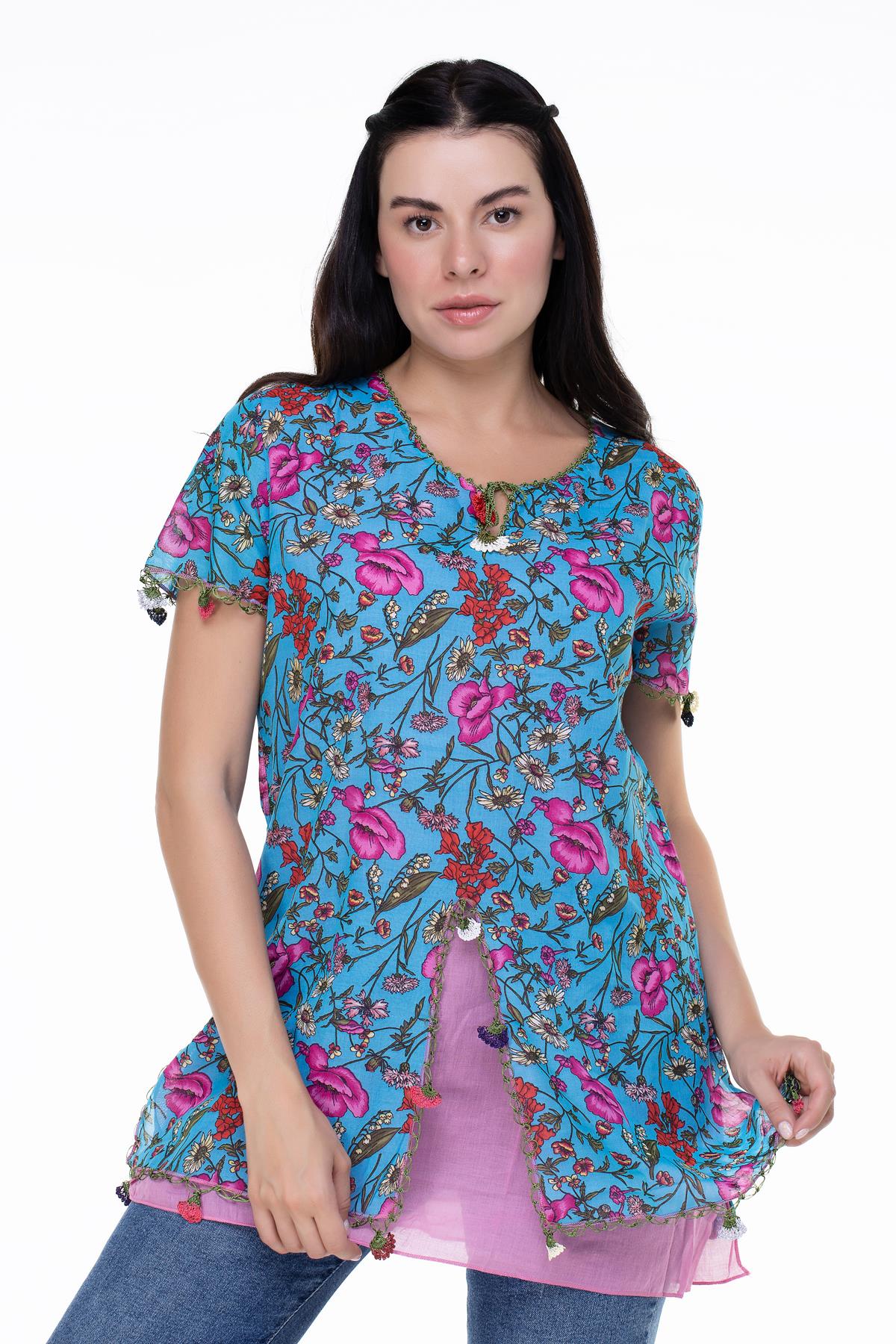 Short Sleeve Ceyda Voile Blouse Turquoise