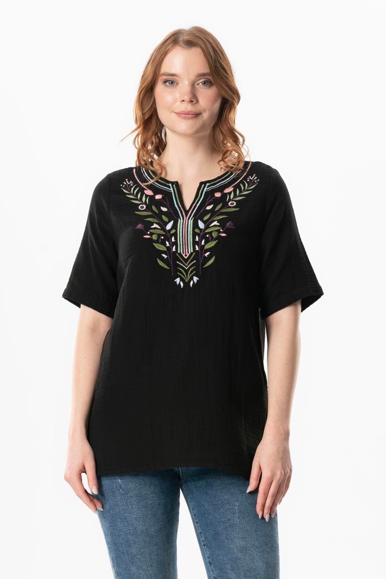 Short Sleeve Çiçek V Neck Embroidered Muslin Summer Blouse Black