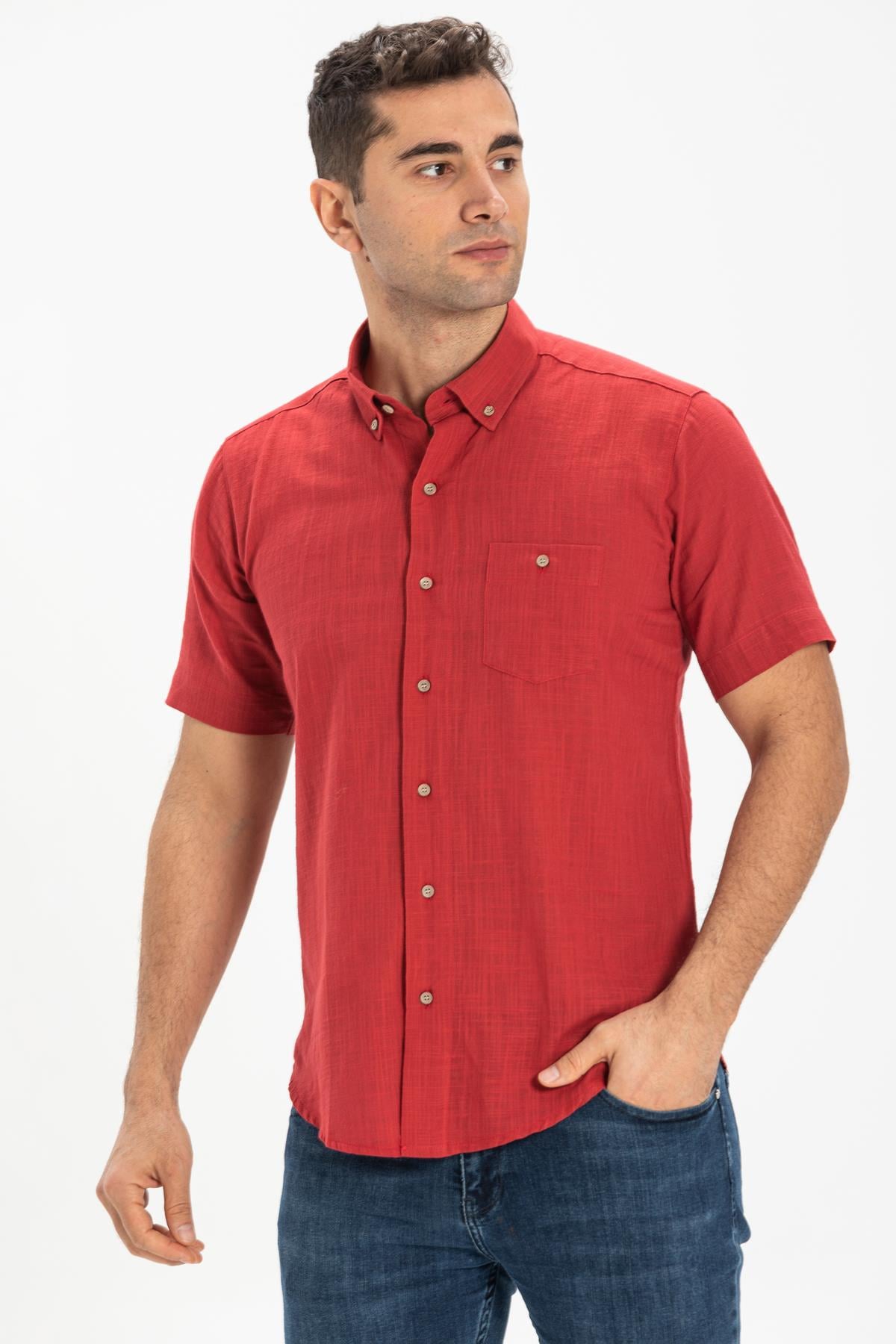 Kısa Kol Dar Kalıp Şile Bezi Tek Cepli Erkek Gömlek Kırmızı 3051
