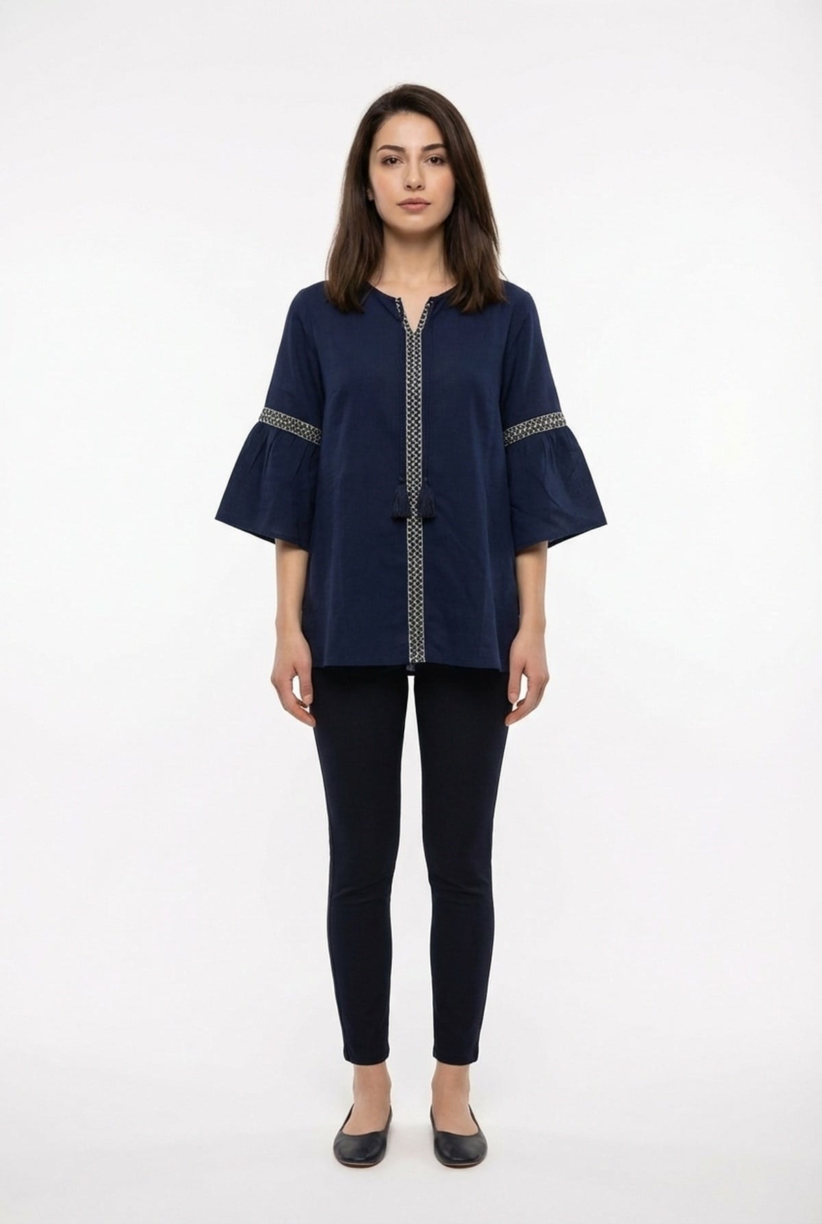 Short Sleeve Dicle Lace-Up V-Neck Şile Fabric Summer Blouse Navy Blue