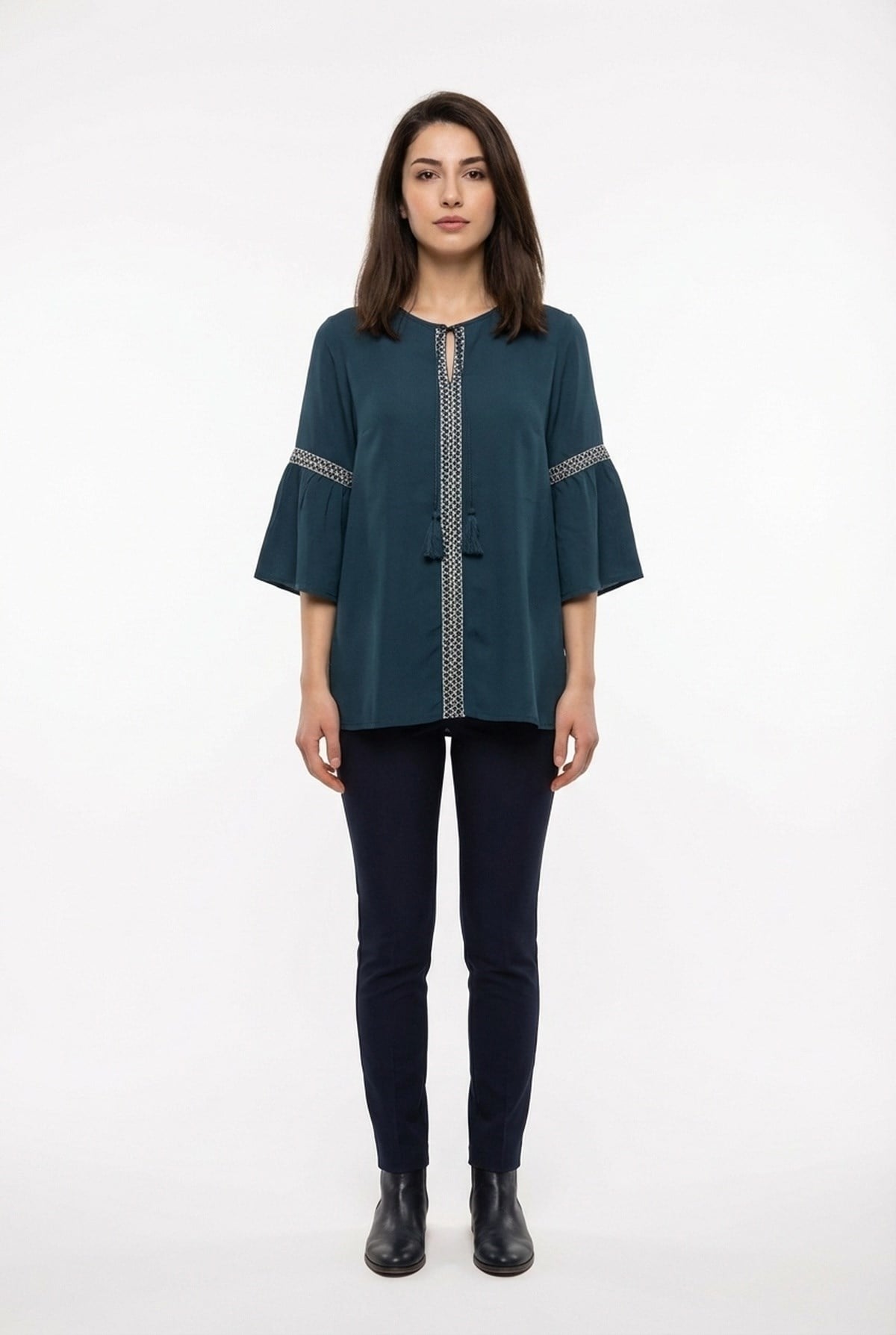 Short Sleeve Dicle Lace-Up V-Neck Şile Fabric Summer Blouse Petrol