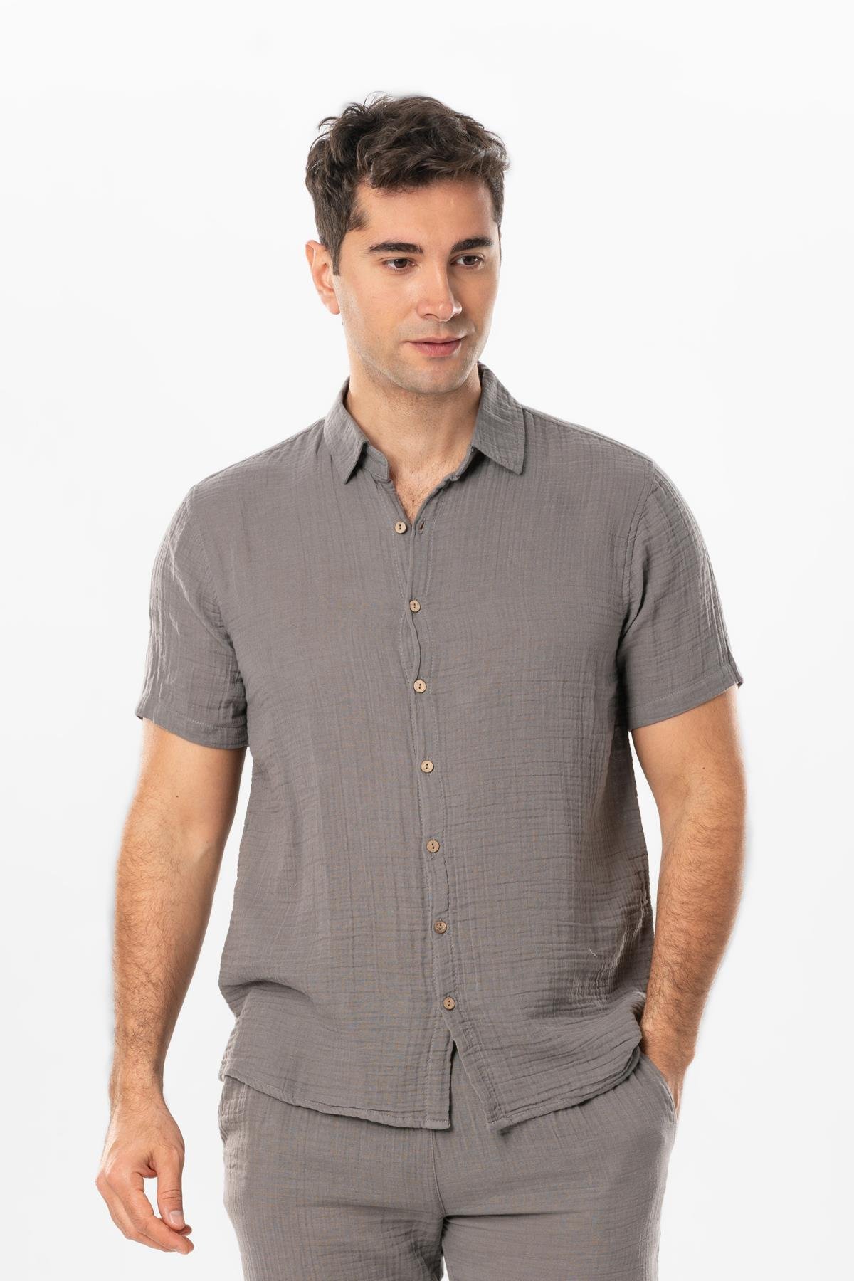 Short Sleeve Men's Summer Muslin Shirt Gray 